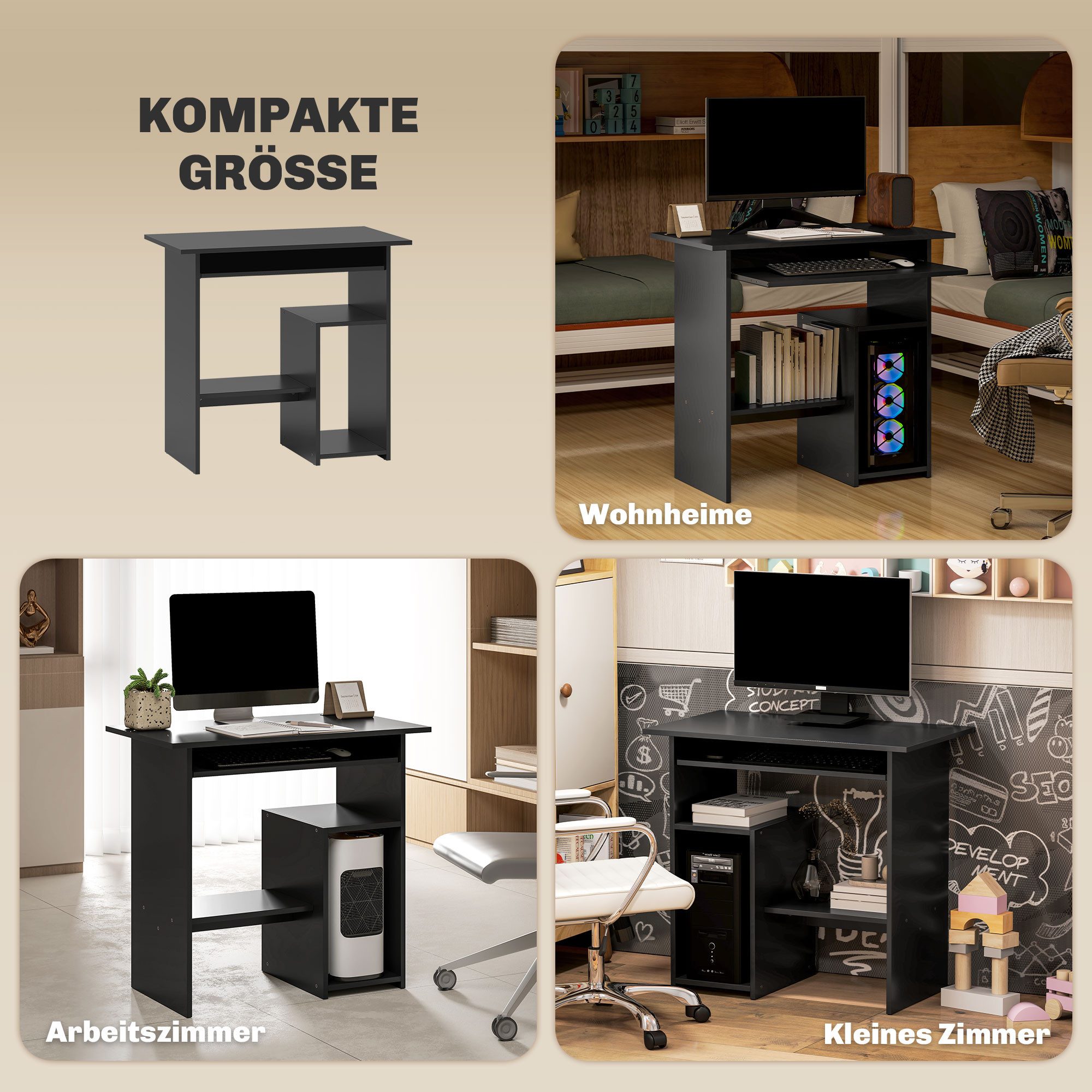 MC Star Computertisch Schreibtisch mit offenen Fächern und Ablageflächen, Bürotisch (Kinderschreibtisch, PC Tisch für Büro, Arbeitszimmer, 80 x 45 x 75 cm, Schwarz)