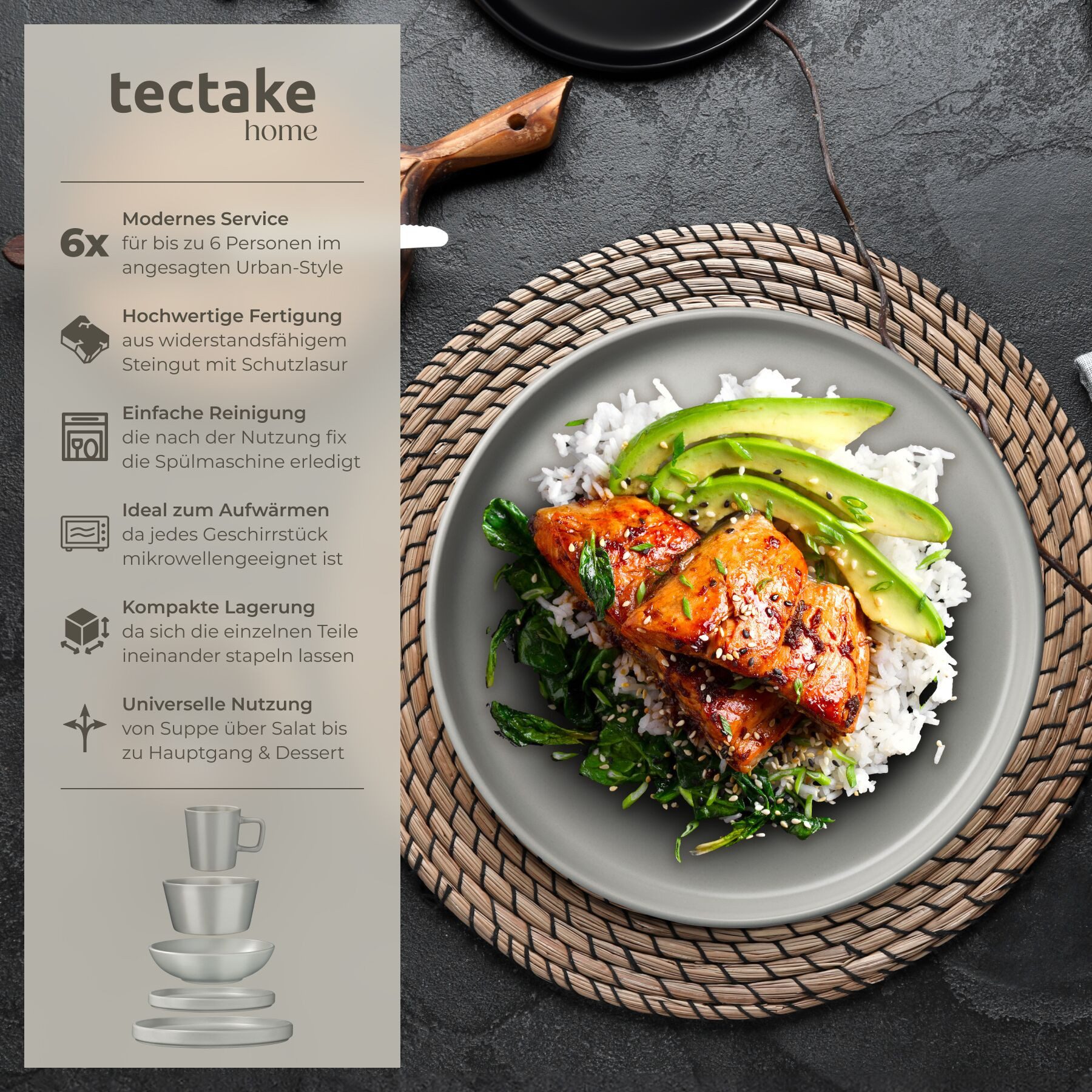 tectake Geschirr-Set Kombiservice Una, aus Steingut für 6 Personen (30-tlg), 6 Personen, Steingut, für 6 Personen
