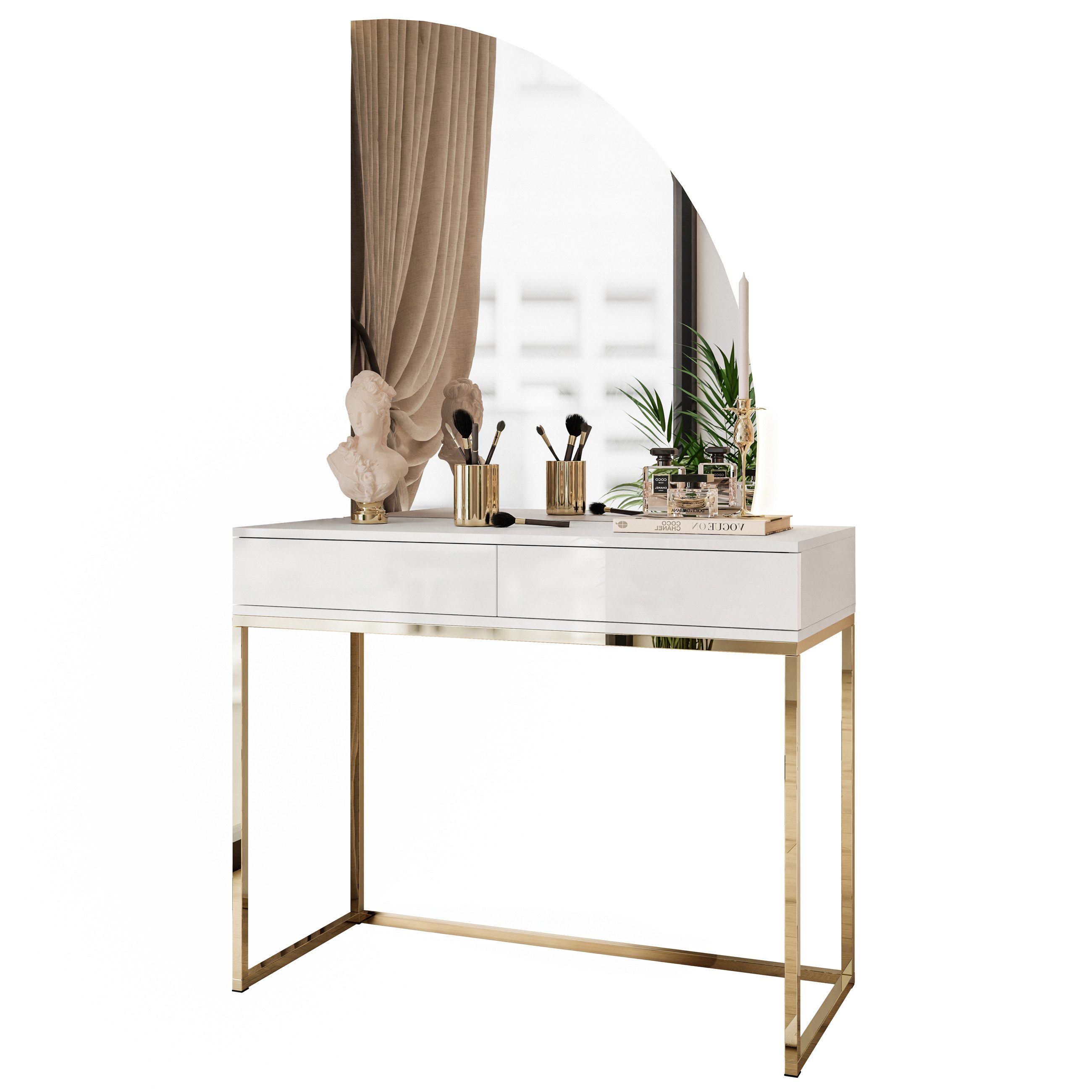 Schminktisch QUINNIE Weiß mit Goldchrom-Gestell und Spiegel mit LED-Beleuchtung