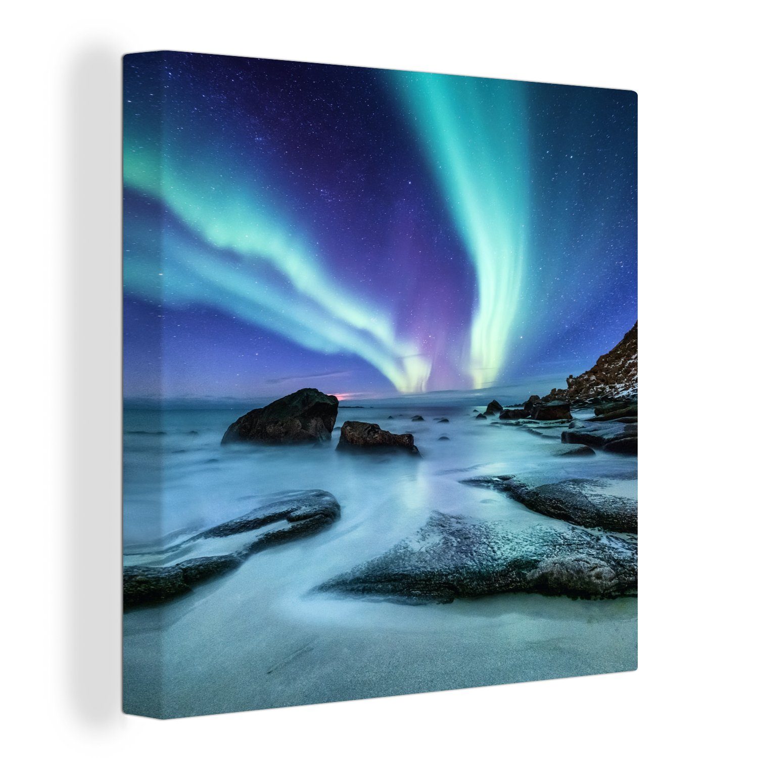 OneMillionCanvasses® Leinwandbild Nordlichter - Landschaft - Lofoten, (1 St), Leinwand Bilder für Wohnzimmer Schlafzimmer