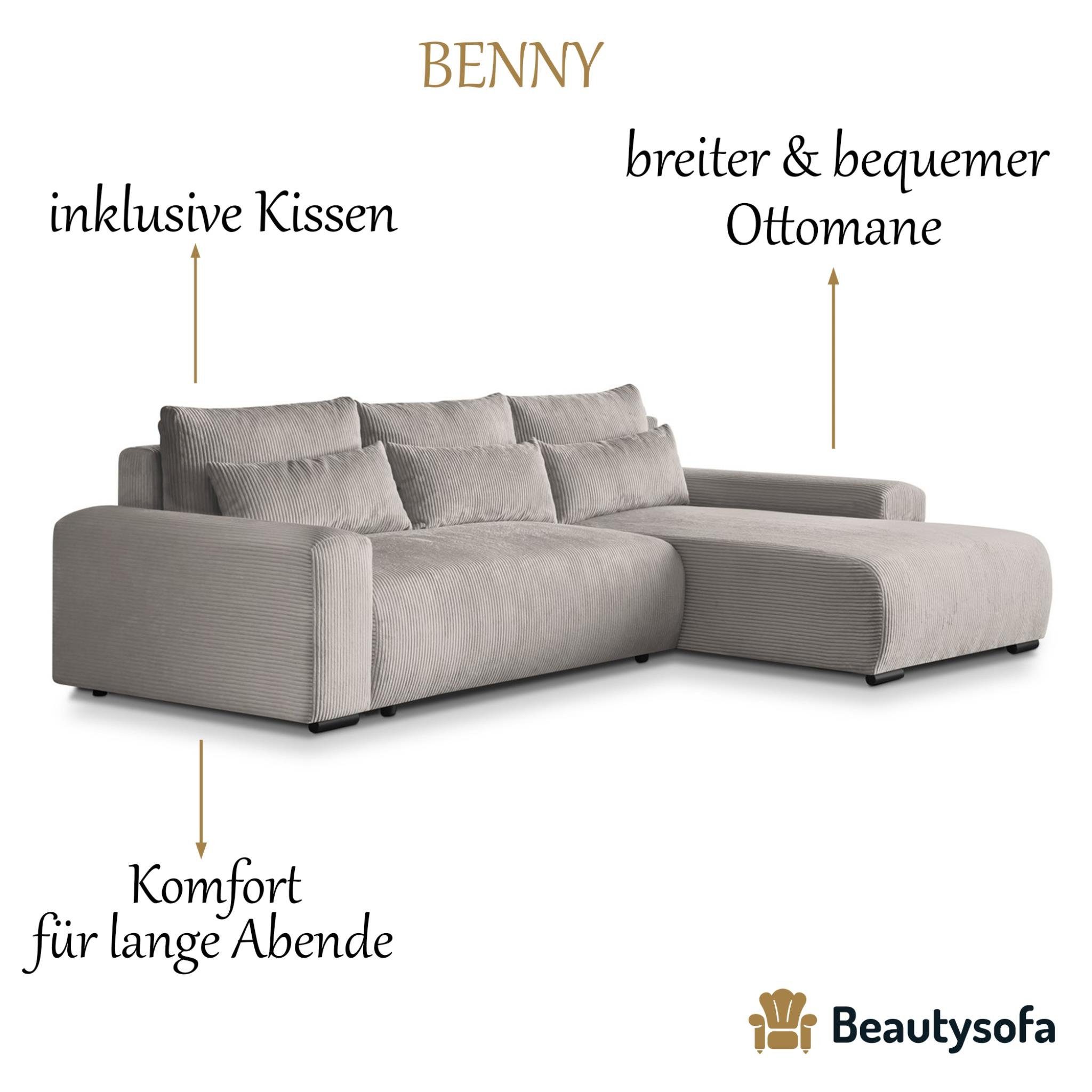 inkl. L-förmiges Benny, Polsterecke Cordstoff aus Sofa Schlaffunktion, Wellenfedern, Corner Design, im Bettkasten, Ecksofa Beautysofa stilvoll modernes