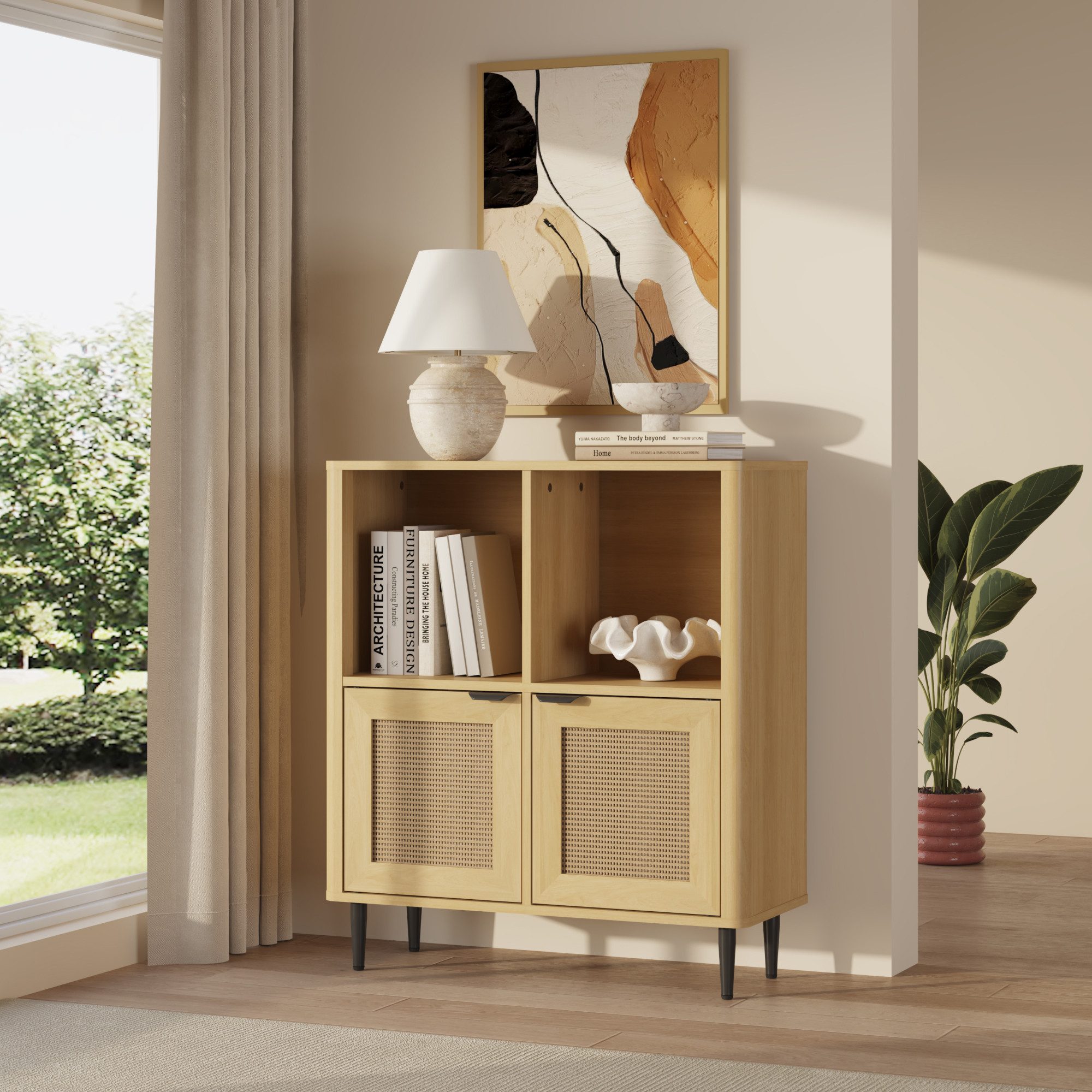 en.casa Kommode, »Lukhomso« mit 2 Türen 85 x 75 x 30 cm Eicheoptik / Rattanoptik