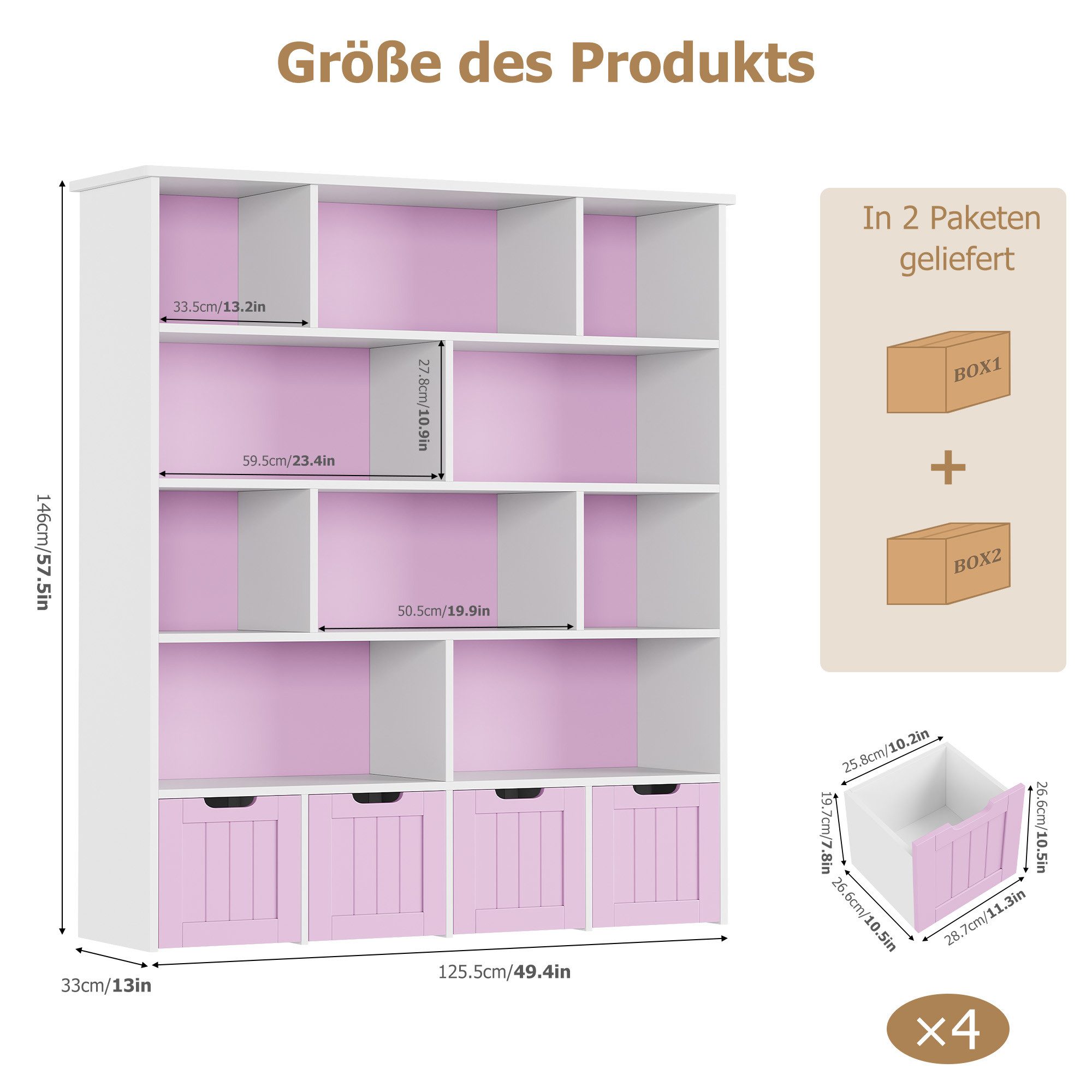 Homfa Kinderregal mit 4 Spielzeugkisten auf Rollen, Spielzeugregal mit 10 offenen Fächern Spielzeugtruhe 125x146x33cm weiß – Bild 3 von 5
