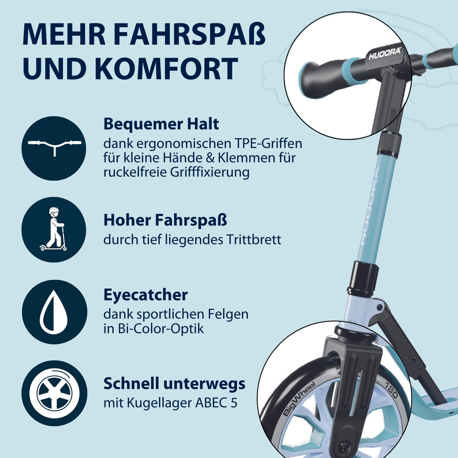 Hudora Tretroller BigWheel® 180 Advanced Junior, zusammenklappbarer, höhenverstellbar, bis 60 kg