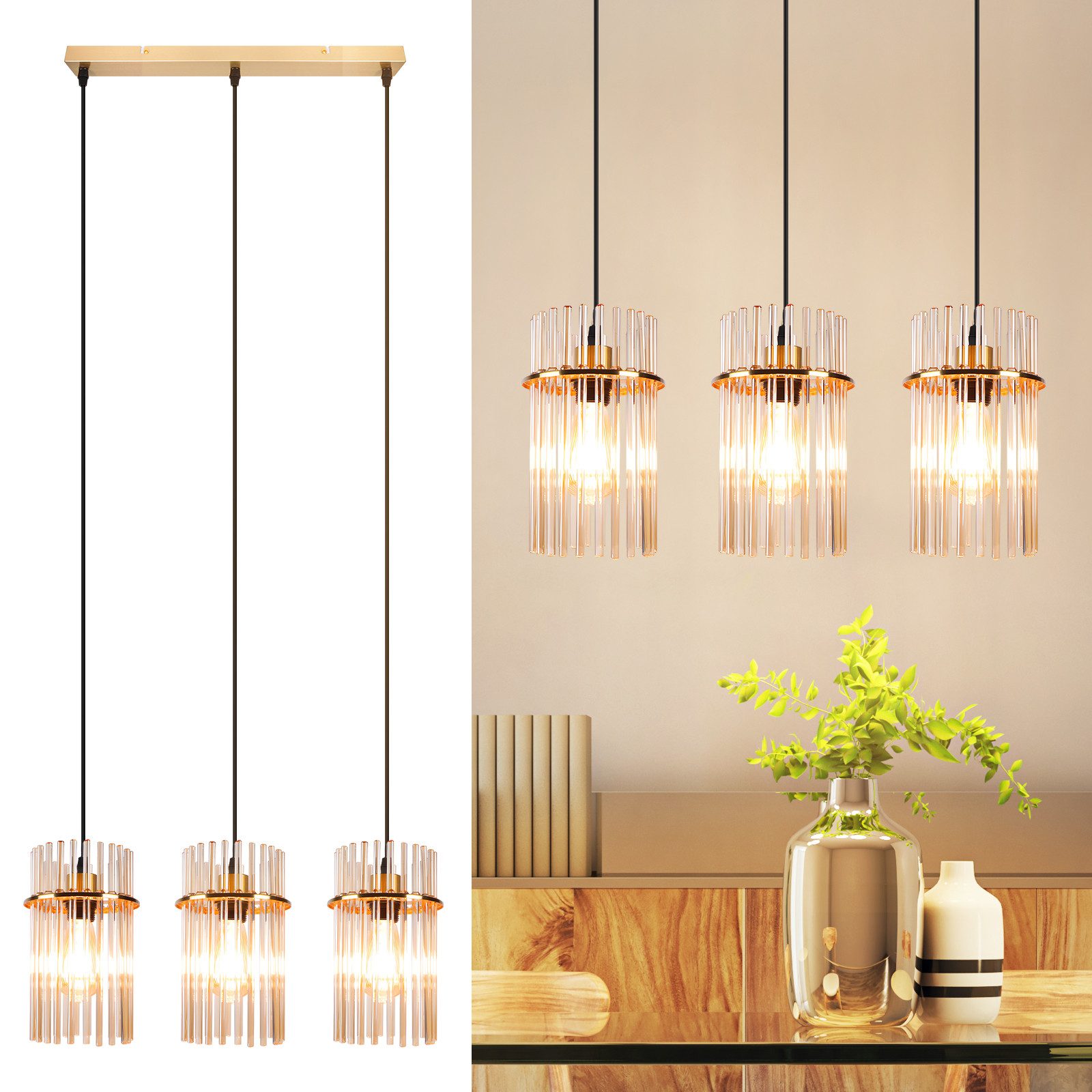 Nettlife LED Pendelleuchte Retro Gold/Schwarz - E27 Hängelampe mit 3 Flammig - Hängeleuchte Ø16cm, ohne Leuchtmittel, Esstischlampe für Wohnzimmer Küche