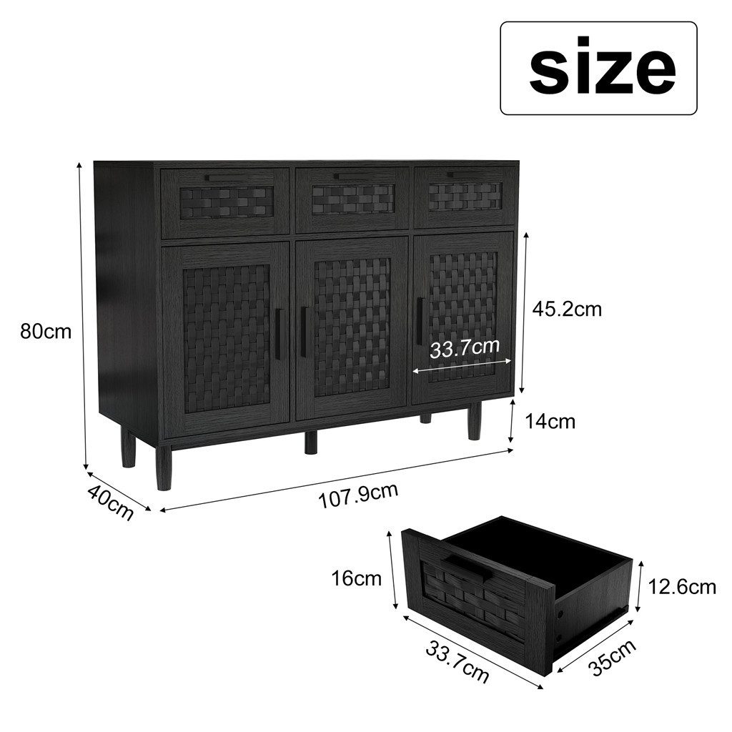 Simurq Sideboard Küchenschrank mit 3 Türen und 3 Schubladen, Buffetschrank (1 St., Stauraumschrank 108x40x80 cm), Kommode, Rattanoptik, moderner Stil – Bild 2 von 5