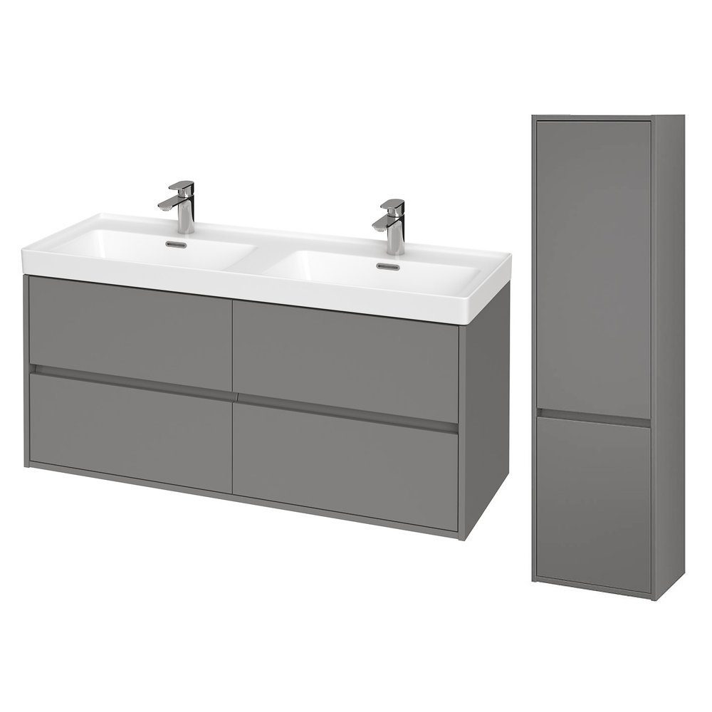 KOLMAN Badmöbel-Set CREA 120 Waschbecken-Unterschrank mit Hochschrank 140x40x25, (Grau Matt), mit Schubladen & Keramikwaschbecken