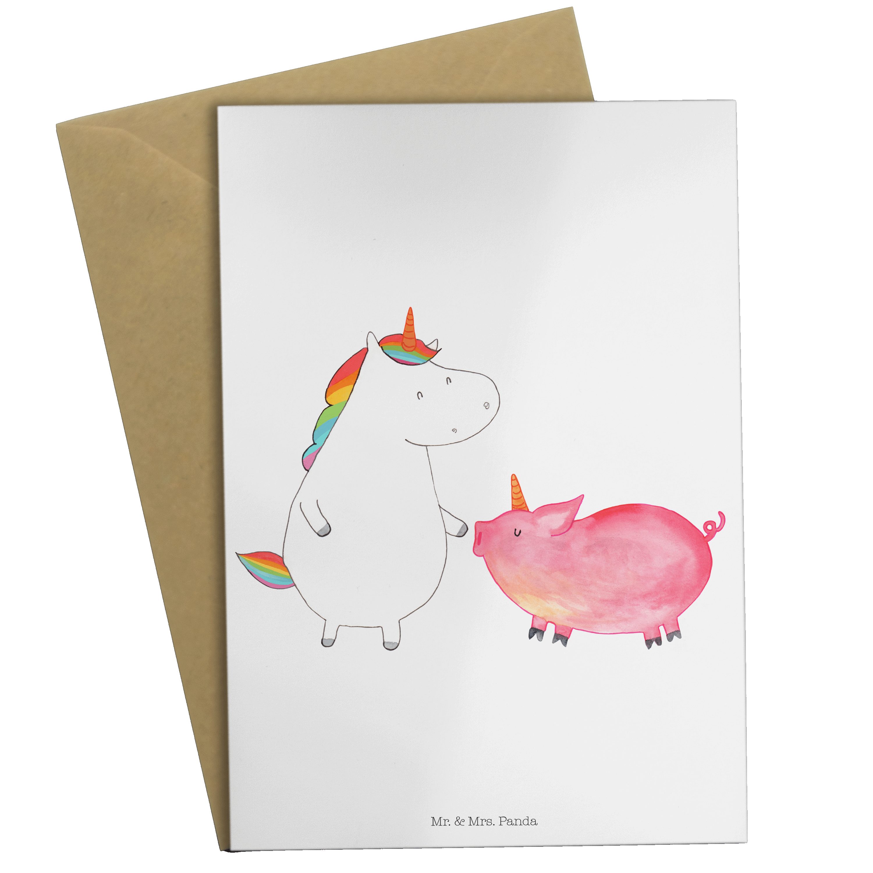 Mr. & Mrs. Panda Grußkarte Einhorn + Schweinhorn - Weiß - Geschenk, Einladungskarte, Pegasus, Ei