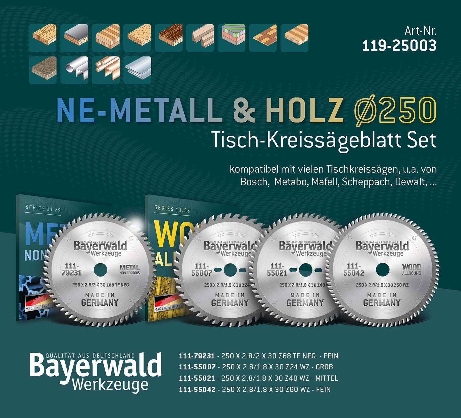 Thumbnail - QUALITÄT AUS DEUTSCHLAND Bayerwald Werkzeuge Kreissägeblatt NE-METALL & HOLZ Ø250 Tisch-Kreissägeblatt Set