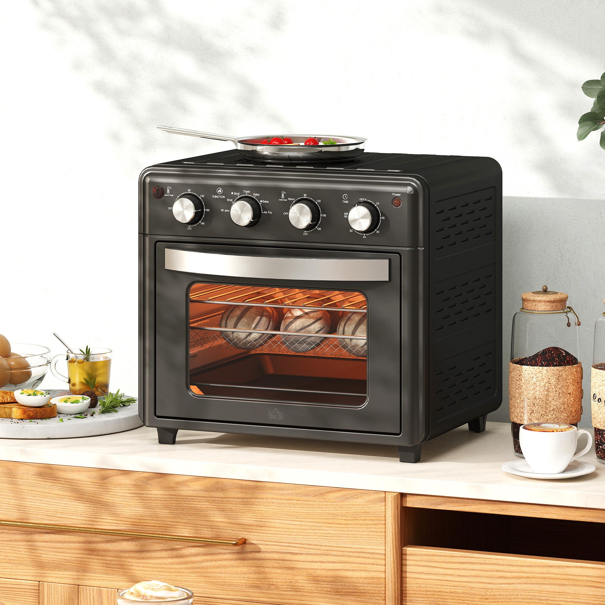 HOMCOM Minibackofen Backofen 10 L 750W 100-230℃ mit Backblech Pizza-Ofen, zum Grillen, Backen, Toasten, Schwarz