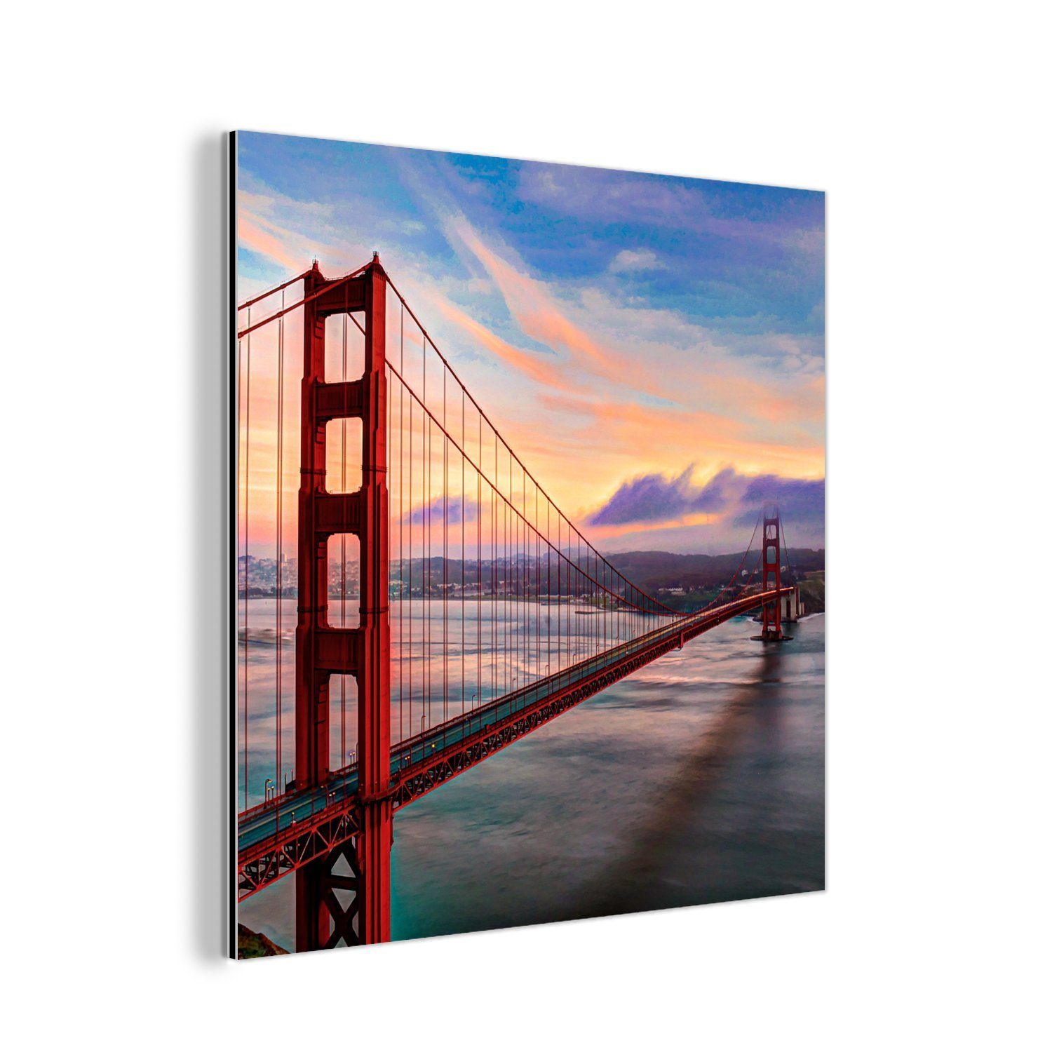 MuchoWow Metallbild Farbenfroher Sonnenuntergang über der Golden Gate Bridge in San, (1 St), Alu-Dibond-Druck, Gemälde aus Metall, Aluminium deko