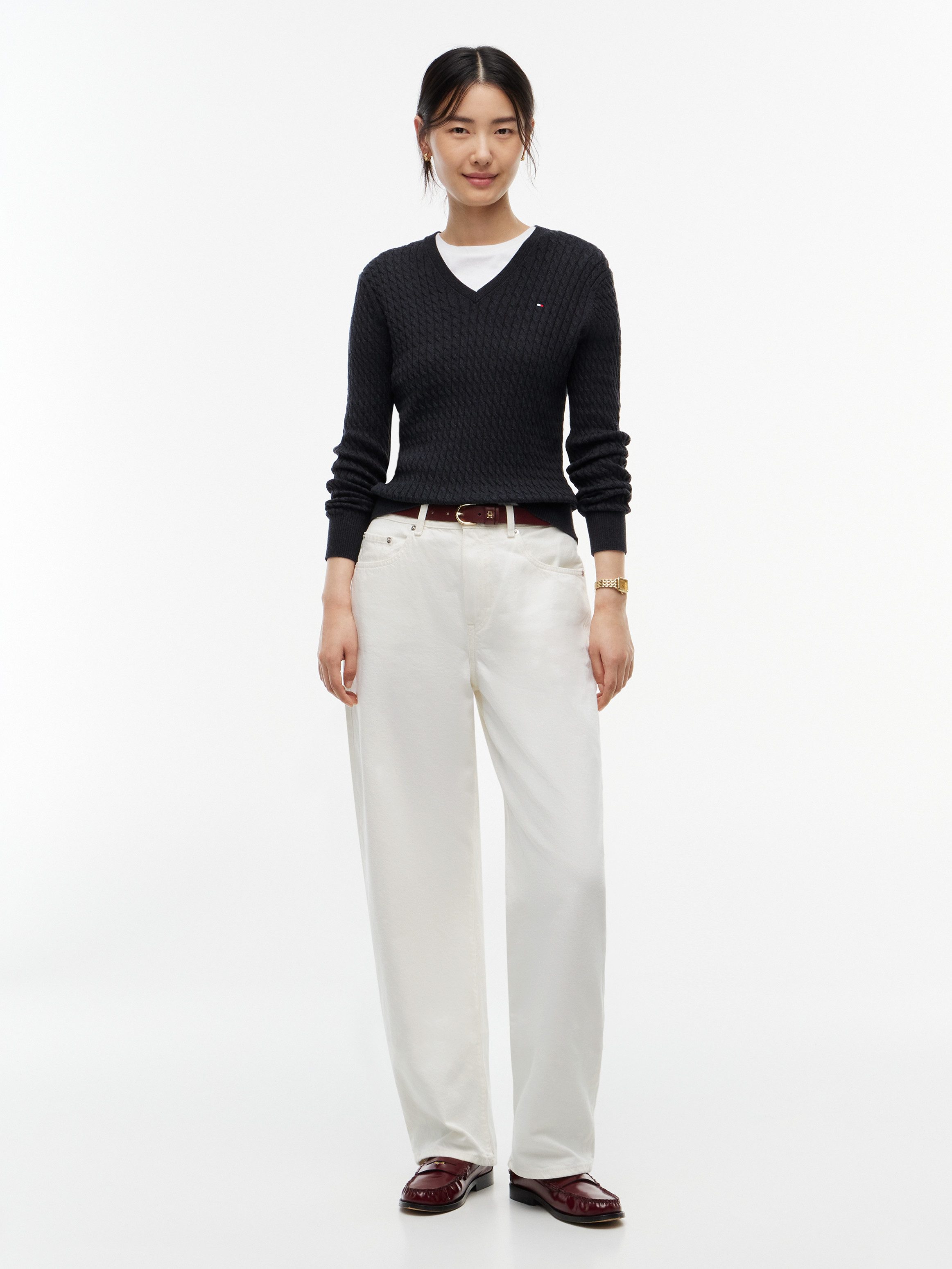 Tommy Hilfiger Strickpullover CO CABLE FINE GG V-NK LS SWT Baumwolle, mit Zopfmuster