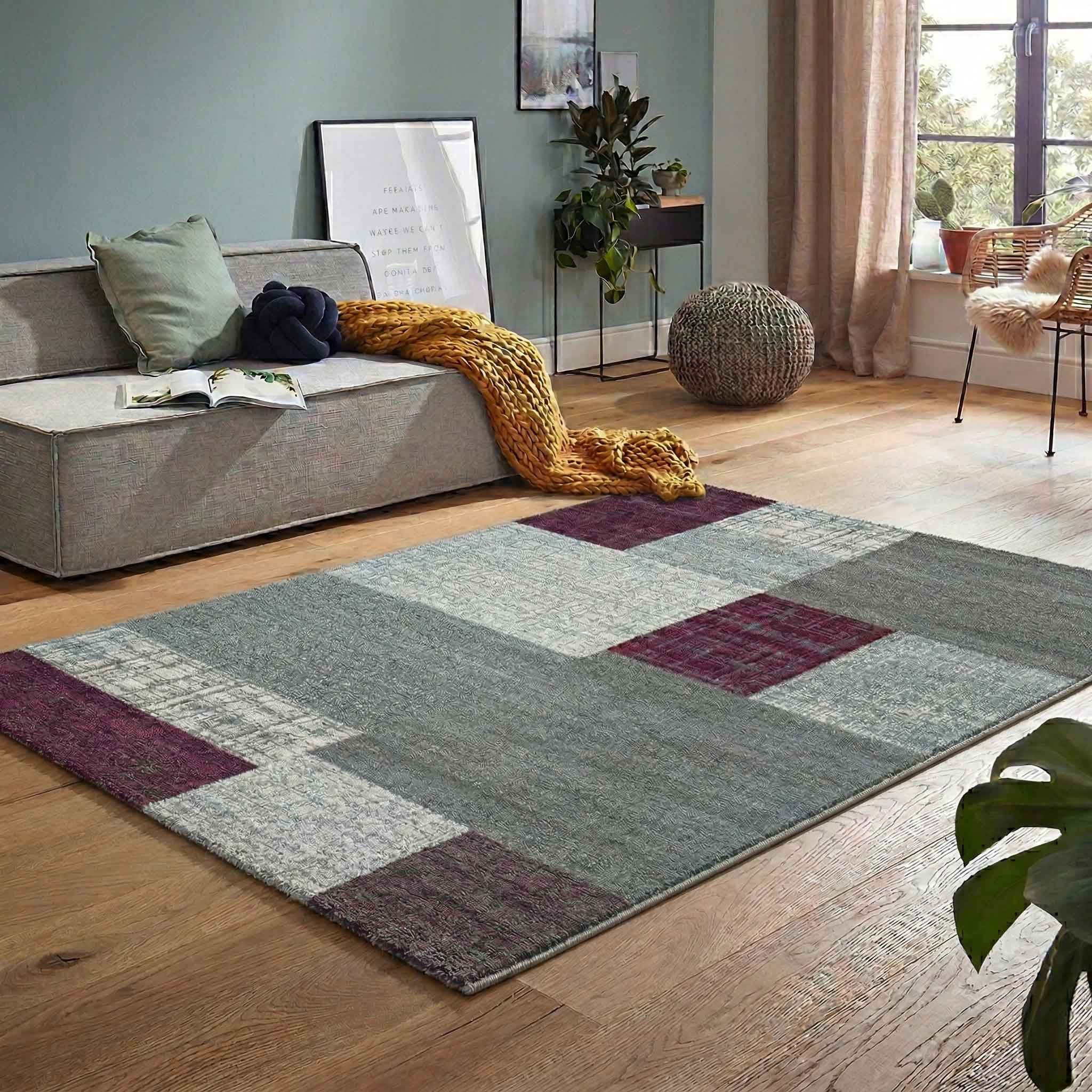 Vimoda Teppich Wohnzimmer Klassisch Karo- kariert Design, Rechteckig, Höhe: 5 mm, Läufer Kachel Optik in Türkis Grau Gelb & Lila Teppich Schlafzimmer