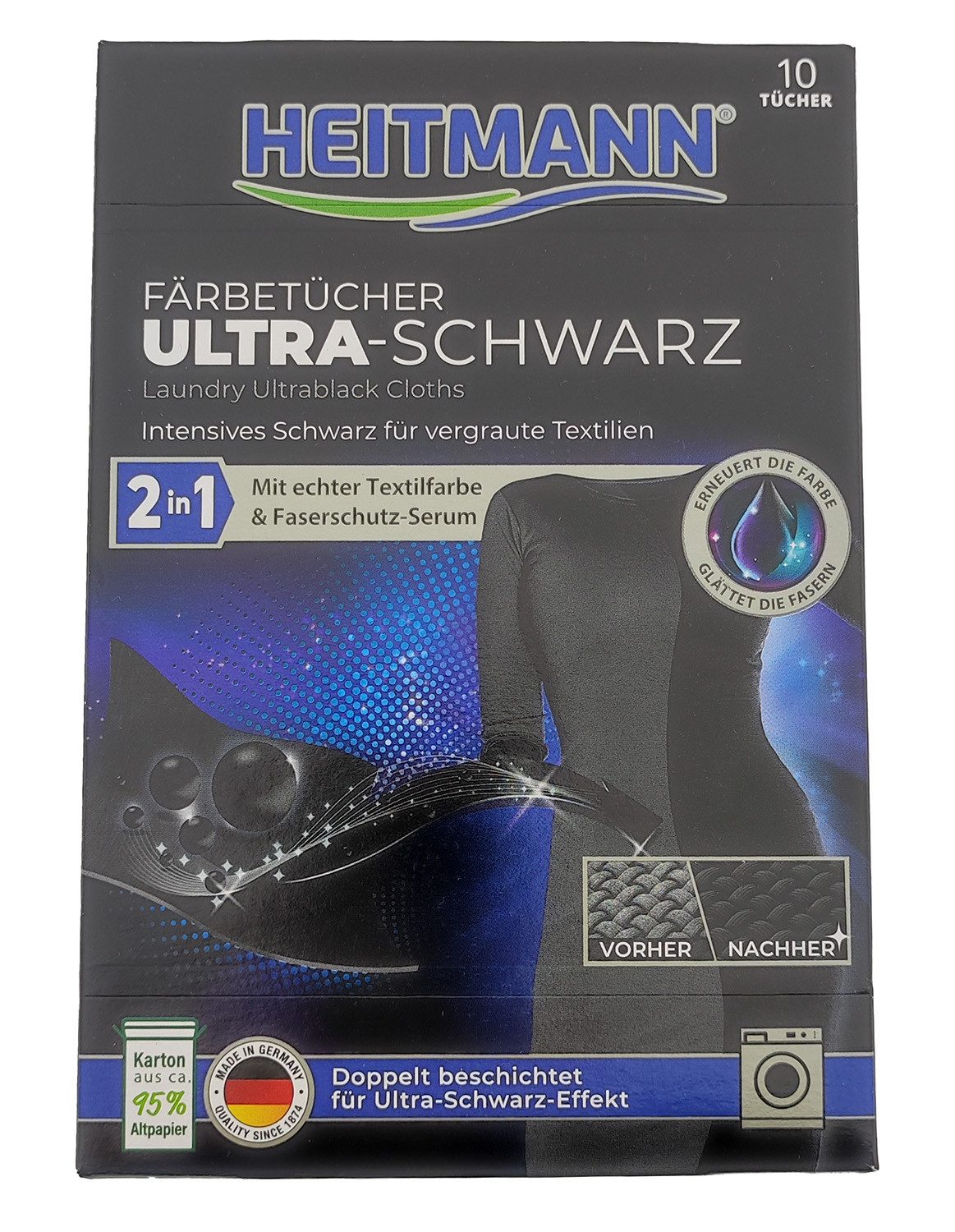 HEITMANN Textilfarbe HTM Ultra Schwarz Färbetücher 10 Stück, Farbtuch Farbtücher Farbauffrischer Textilfarbe Farbpflegetücher