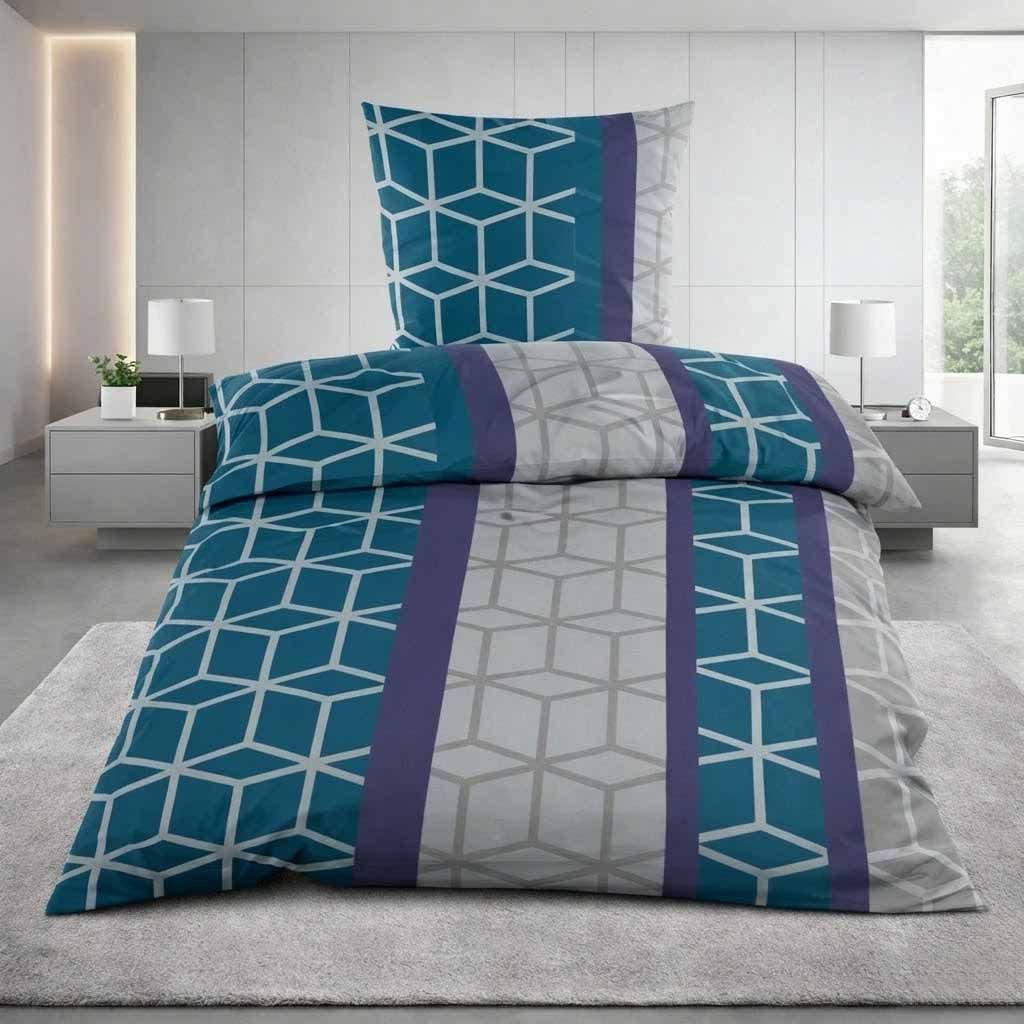 Casa Colori Bettwäsche Microfaser Fleece Wintergarnitur 135x200 cm kuschelig weich, Fleece, 2 teilig, Blau Grau Geometrisch