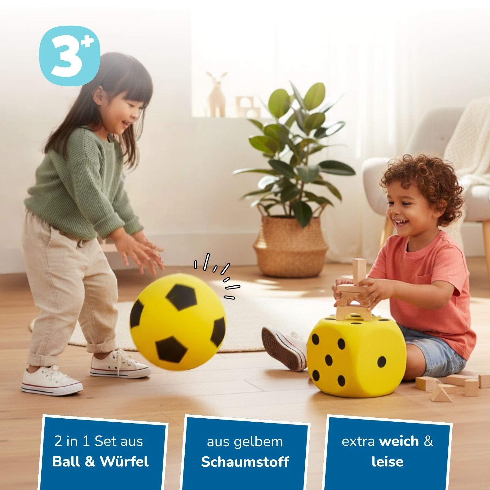 alldoro Spielball 2 in 1 Set - Schaumstoffball & Schaumstoffwürfel gelb für Kinder ab 3, extra weich & leise, für drinnen & draußen zum Spielen & Lernen