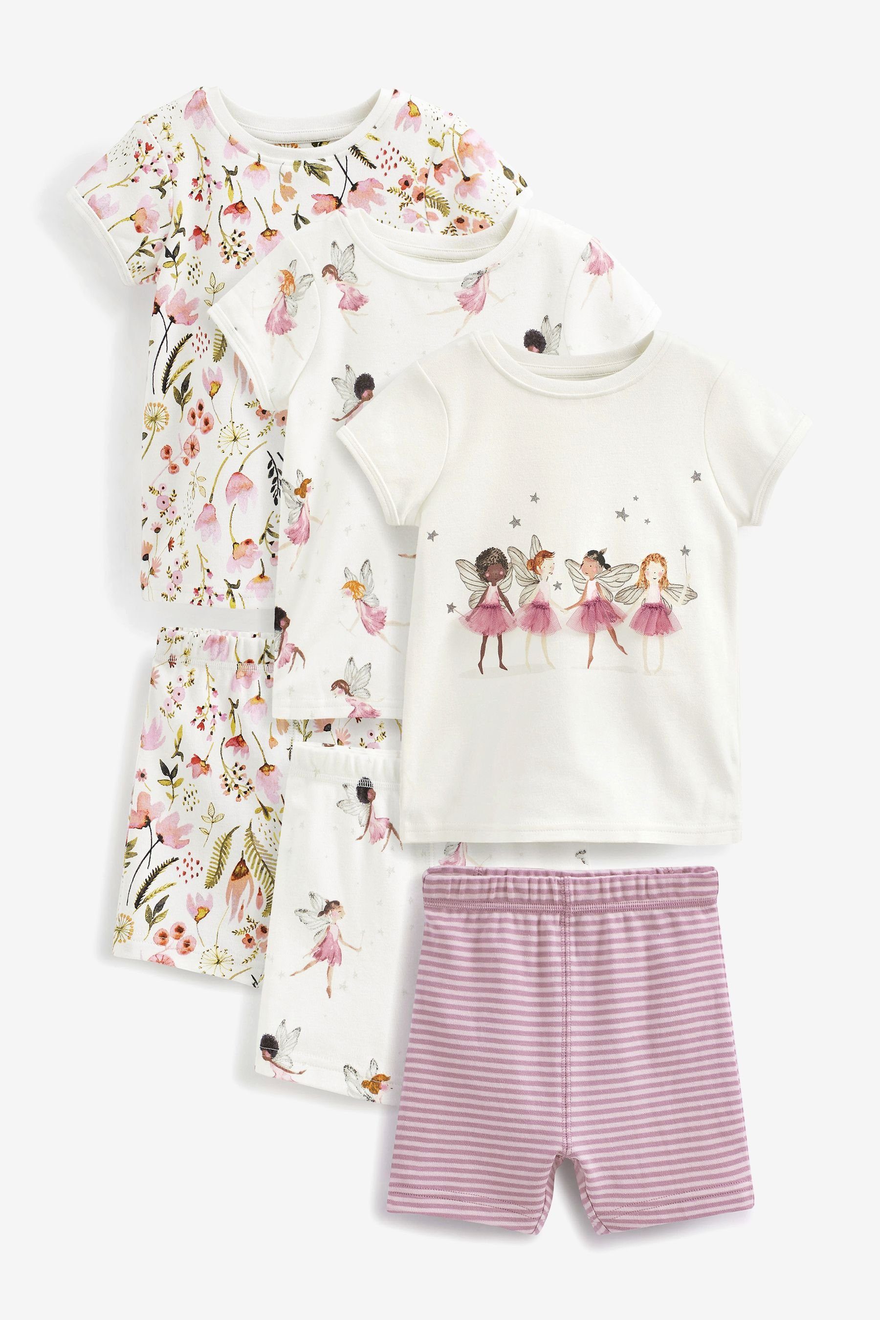 Next Pyjama Kurze Schlafanzüge, 3er-Pack (6 tlg) White/Pink Fairy | Schlafanzüge