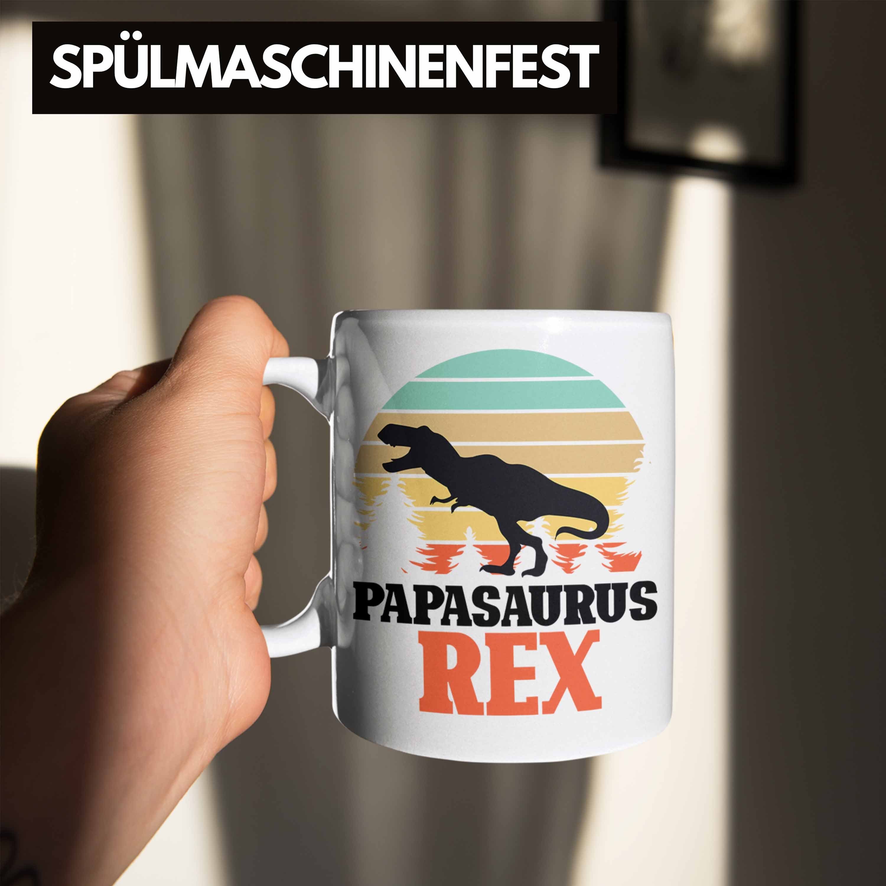 Trendation Tasse Papasaurus Rex Geschenk Vatertag für Papa Weiss Tasse Vater Lustiges Gesche