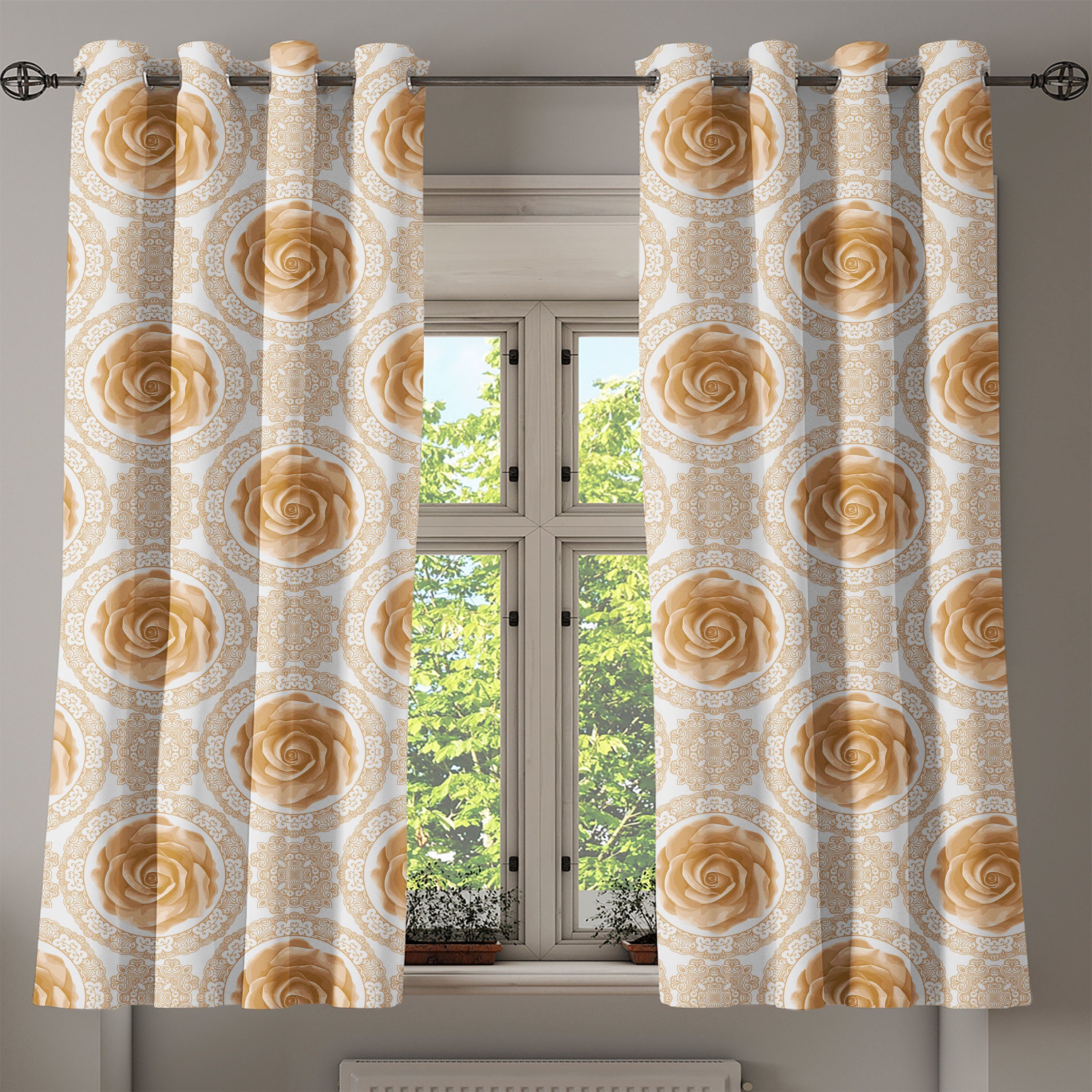 Barock Roses für Gardine Abakuhaus, Königliche Schlafzimmer Dekorative Jahrgang 2-Panel-Fenstervorhänge Wohnzimmer,
