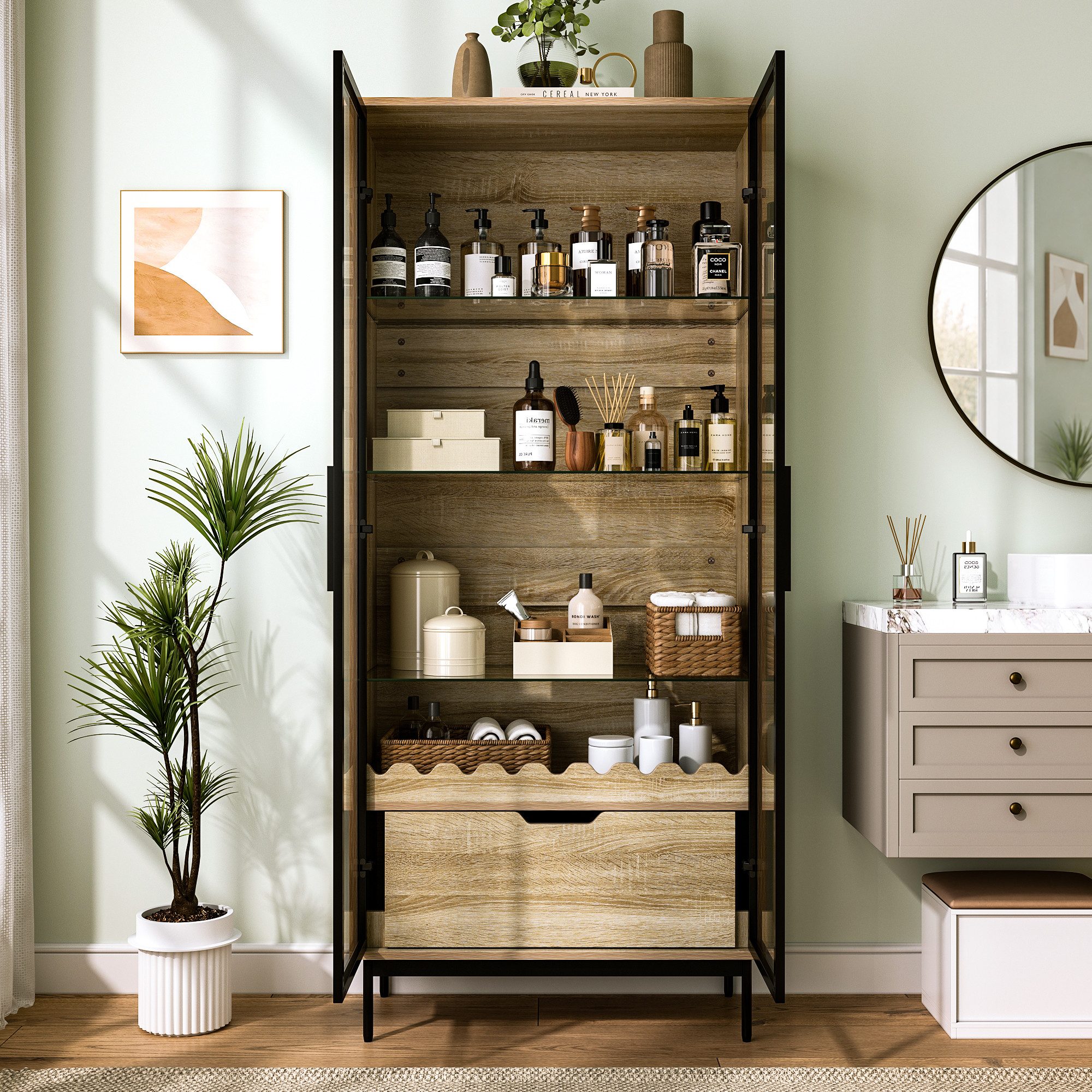 HAUSS SPOLE Vitrine mit Glastür,Standschrank Hochschrank mit Schublade & Metallfüßen,Natur (Glastürschrank Aufbewahrungsschrank mit Wellendekor und geschlossene Stauraumlösung) Hochschrank mit höhenverstellbare Einlegeböden und Metallfüßen