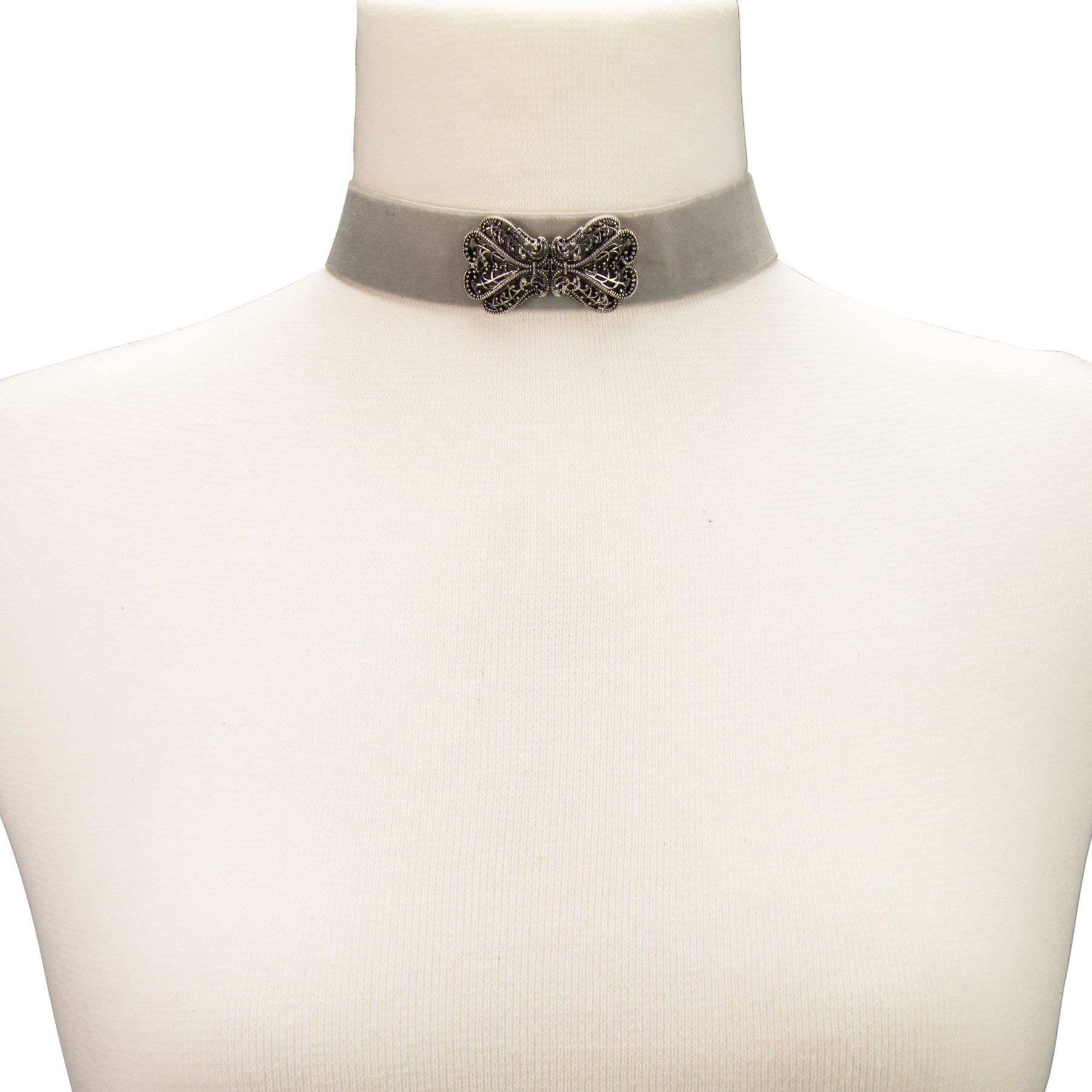 Alpenflüstern Choker Trachten-Samt-Kropfband Ornament-Schleife (grau), - nostalgische Trachtenkette enganliegend, Kropfkette elastisch, Damen – Bild 3 von 3