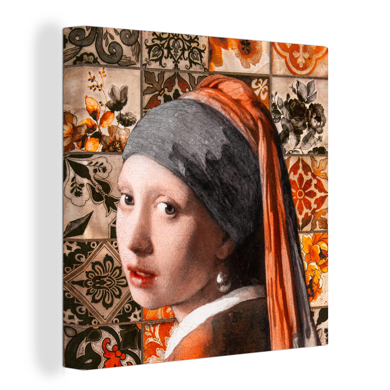 OneMillionCanvasses® Gemälde Das Mädchen mit dem Perlenohrring - Kacheln - Orange - Schwarz, (1 St), Leinwand Bilder für Wohnzimmer Schlafzimmer