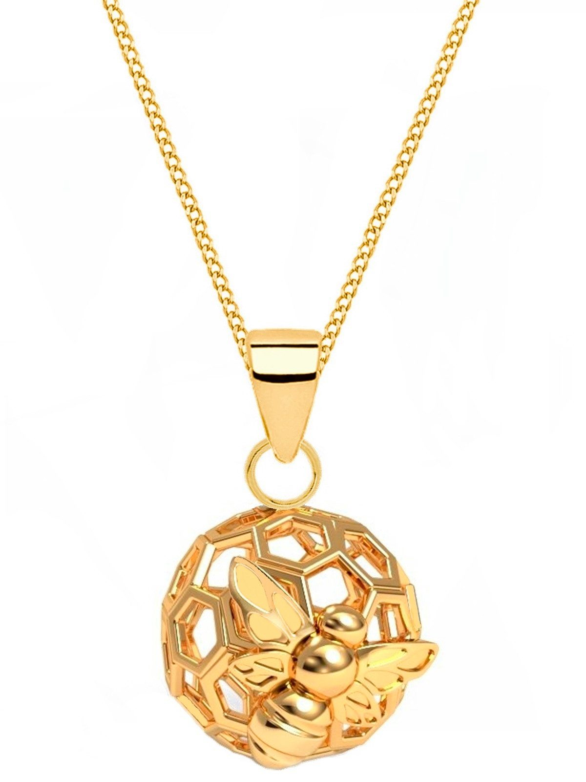 Kette mit Anhänger Biene auf Honigwabe Goldene Halskette aus 925 Echtsilber