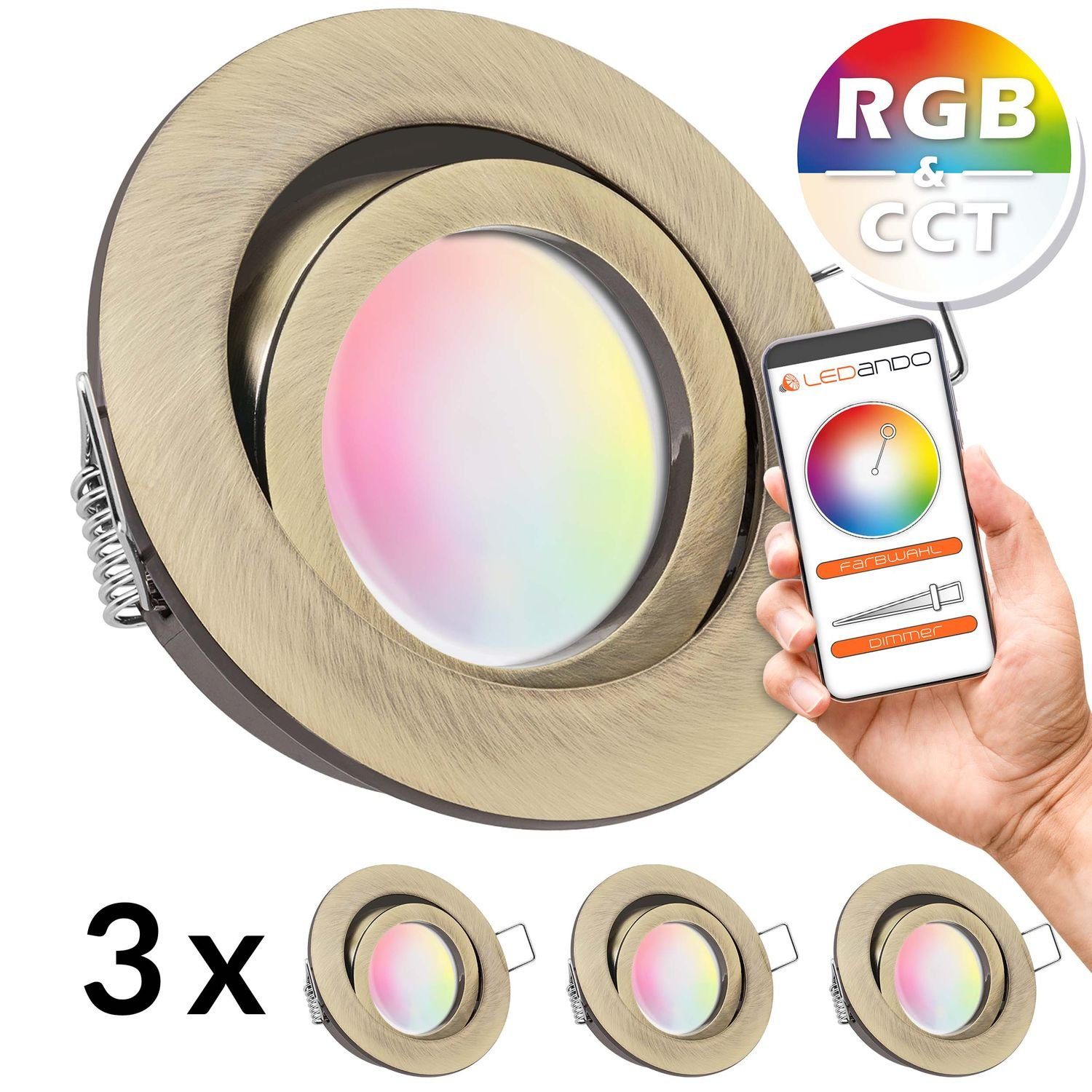 online Shop LEDANDO LED Einbaustrahler Einbaustrahler messing flach / LED extra in CCT Set gold 3er RGB - mit