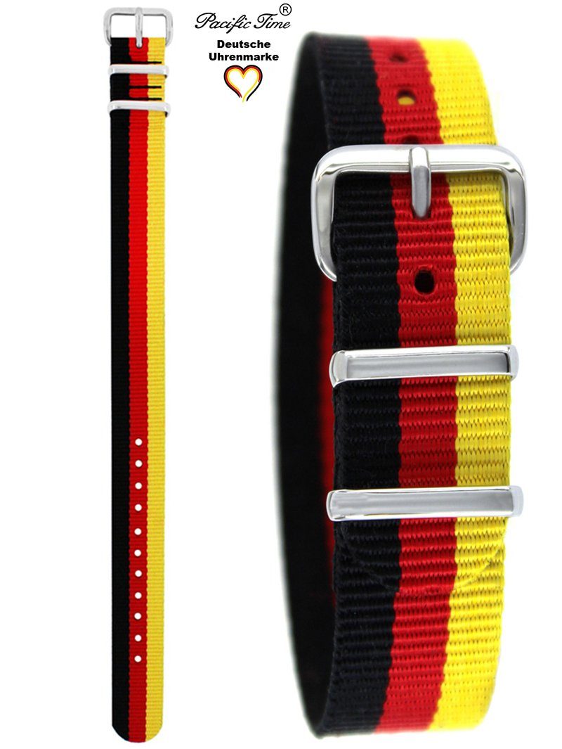 Pacific Time Uhrenarmband Wechselarmband Textil Nylon 16mm, Gratis Versand schwarz rot gelb