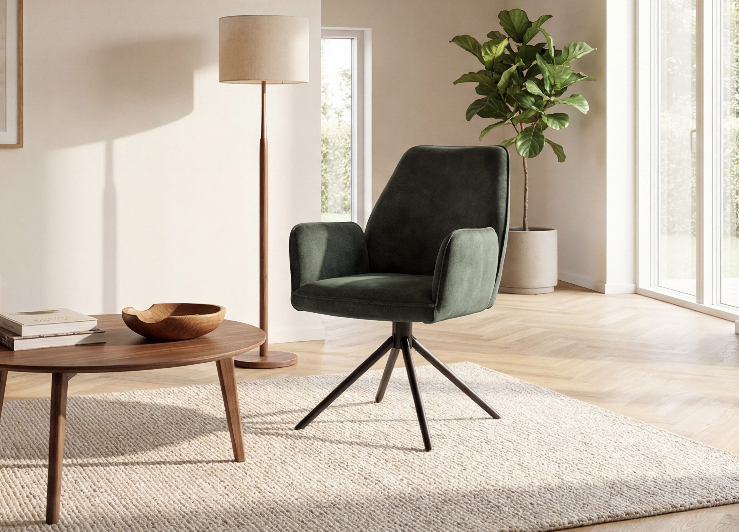 Massivart® Polsterstuhl drehbar, Esszimmerstuhl mit Armlehnen, »Ottawa«, Velouroptik • Metallgestell schwarz • mit Nivellierung