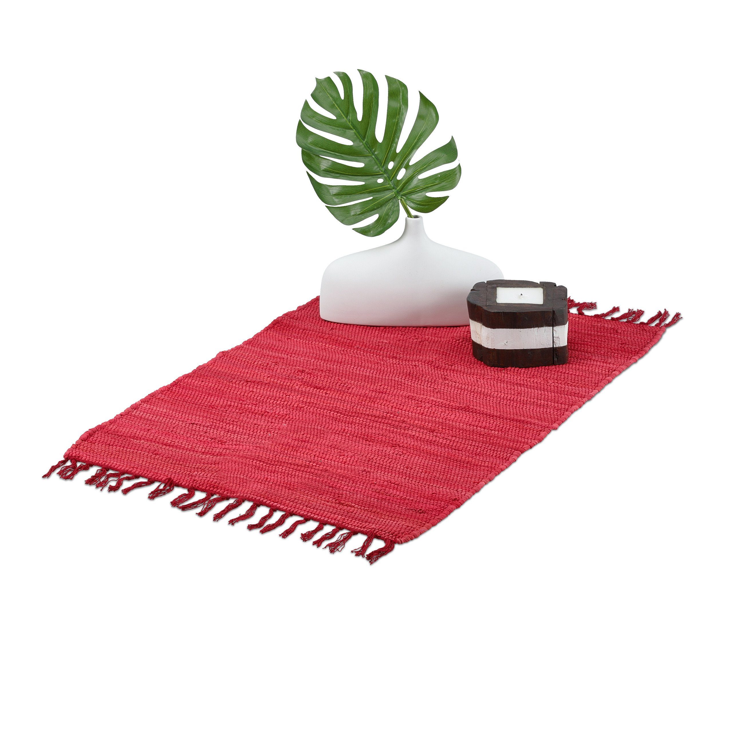 Teppich Roter Flickenteppich aus Baumwolle, relaxdays, Höhe: 5 mm, 60x90cm