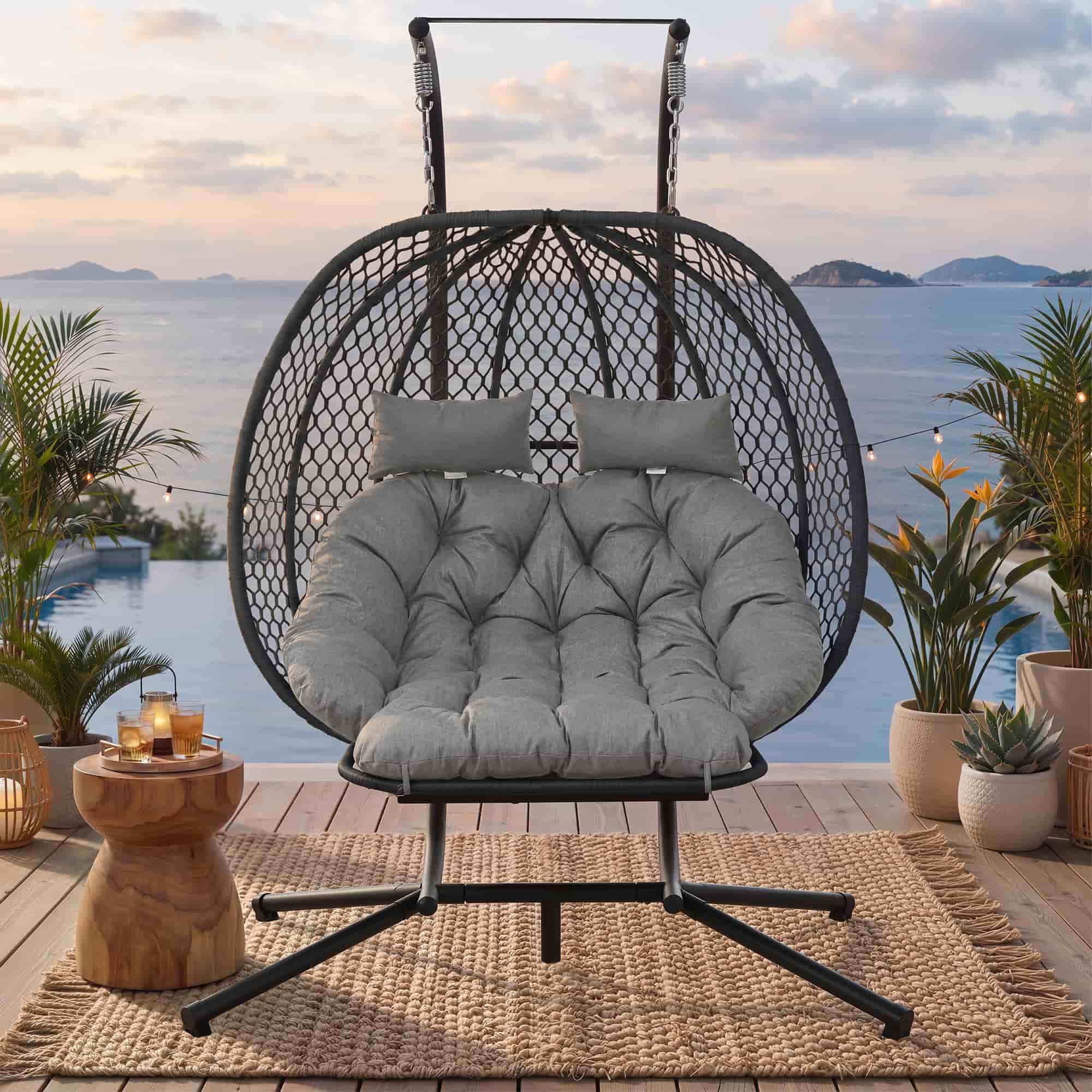 ANYSUN Schaukelstuhl Hängesessel Ei-Form Gartenhängstuhl mit Ständer & Fußstütze (Komplett-Set inkl. Polsterauflage & Nackenkissen), 140cm Outdoor-Lounge mit Handgeflecht ideal für Terrasse & Balkon.