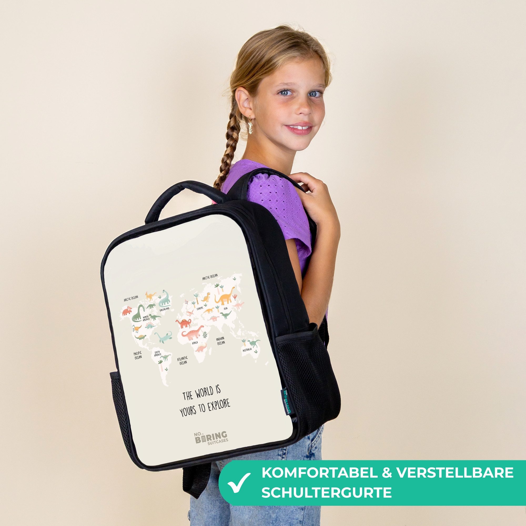 NoBoringSuitcases.com© Rucksack Dino-Weltkarte, Kinderrucksack Schwarz, Schulrucksack, Freizeitrucksack Jungen Mädchen