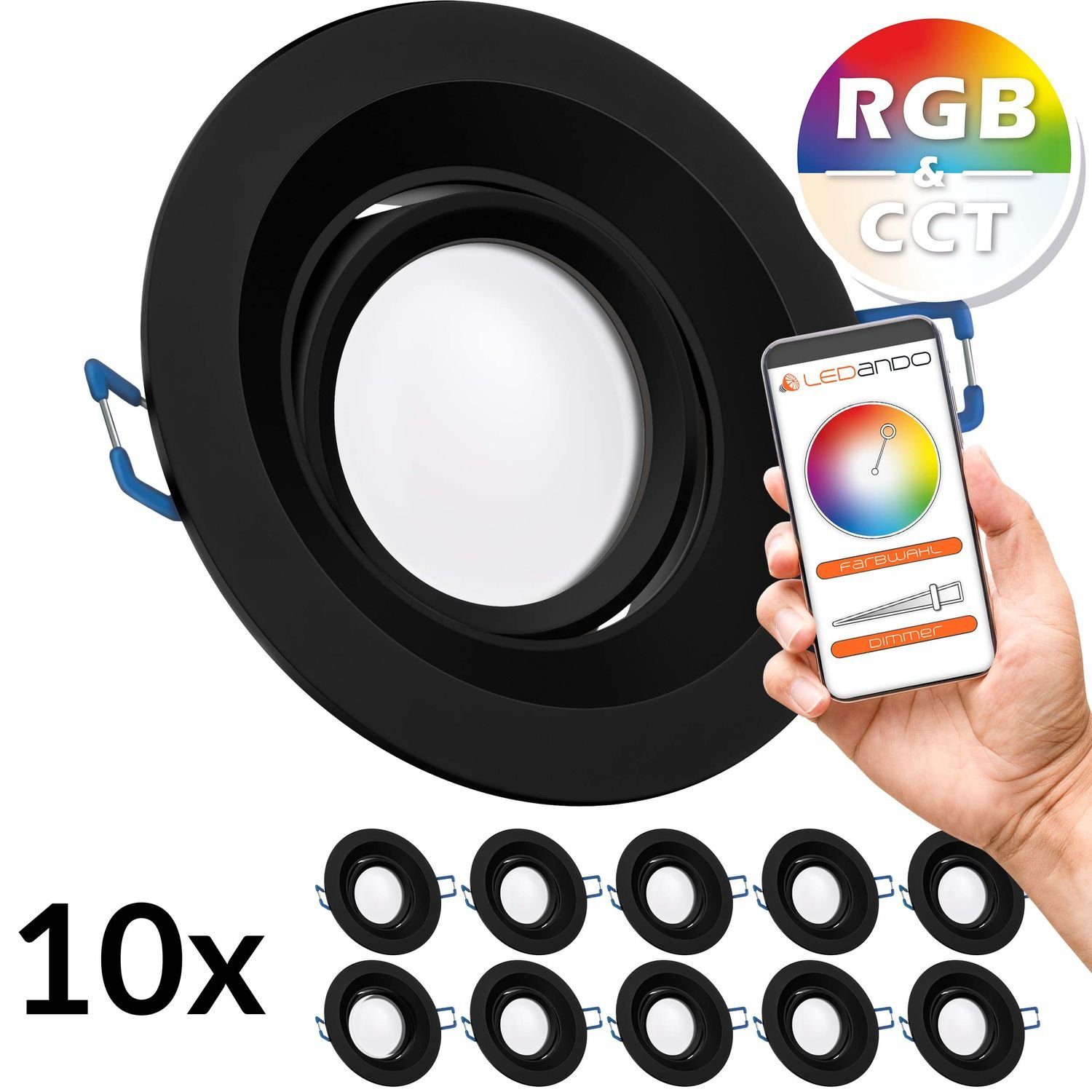 LEDANDO LED Einbaustrahler 10er RGB mit Set extra Le 5W flach schwarz - LED CCT Einbaustrahler in