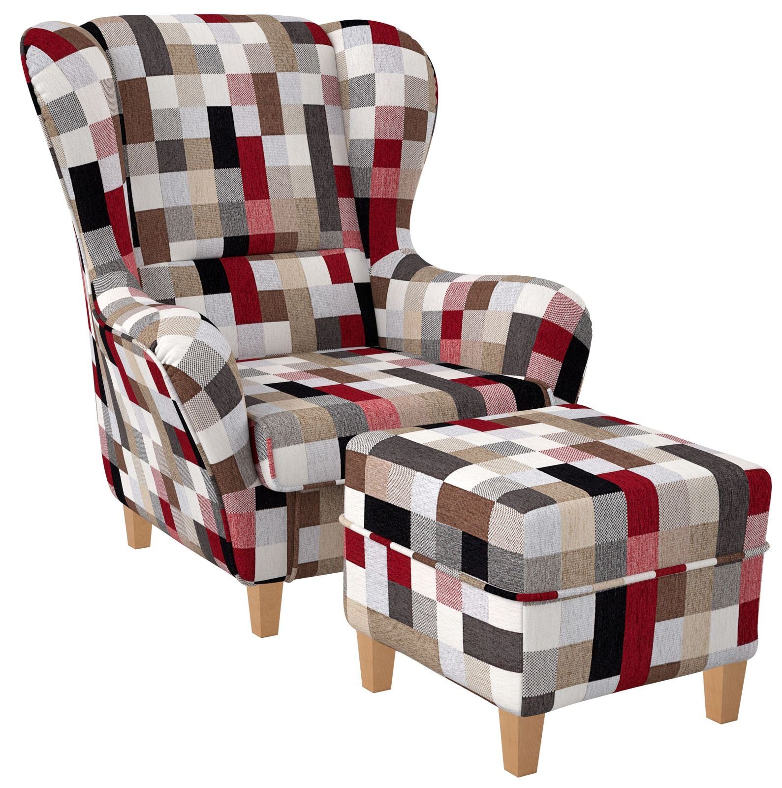 Supellex Ohrensessel Sofia, Relaxsessel mit Hocker, Patchwork kariert bunt gedeckt