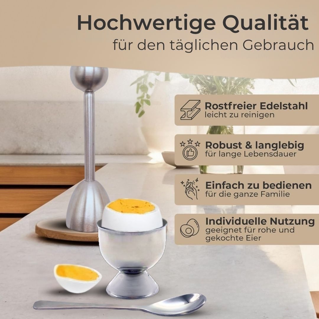 Topanbieter999 Eierköpfer rostfreier Edelstahl, sauberer Schalenschnitt, Federmechanismus, (ideal für 2 Personen, 5-tlg Set besteht aus 2 Eierbecher, 2 Löffel u – Bild 4 von 5