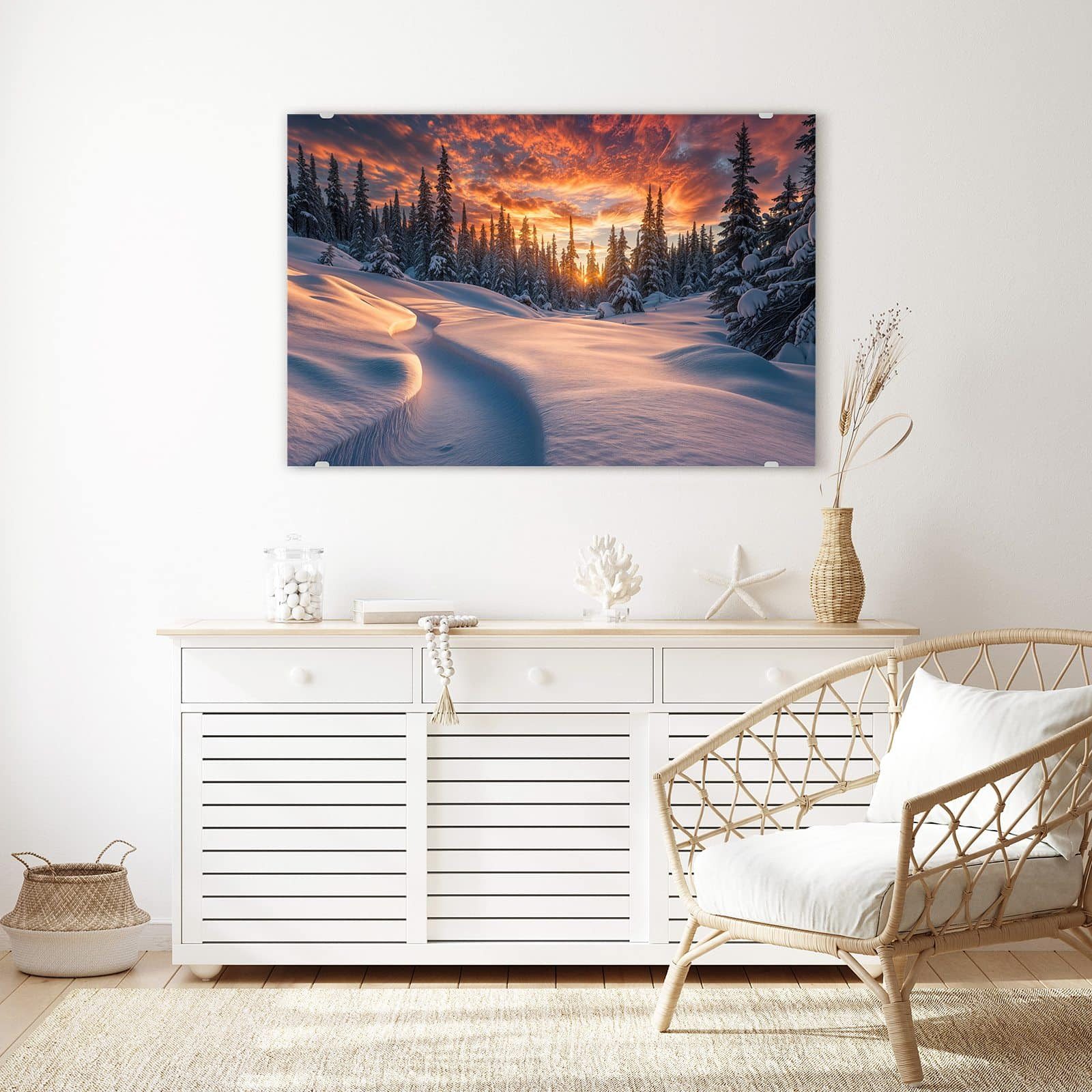 Primedeco Glasbild Wandbild Winterlandschaft Sonne mit Aufhängung, Jahreszeiten (21 verschiedene Größen, 1 St), Elegante Aufhängung