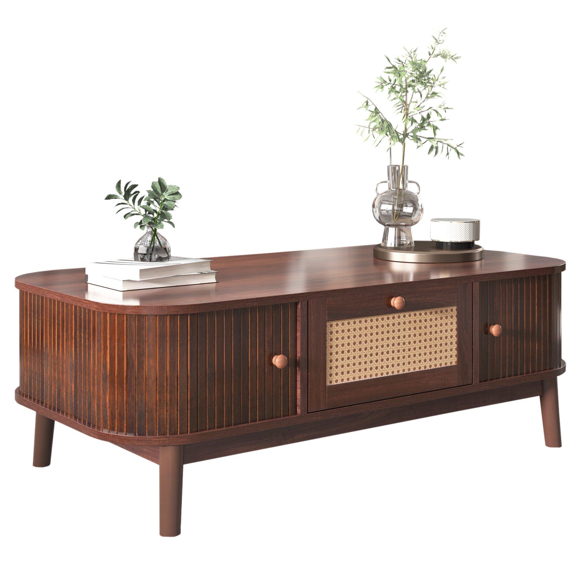 EXTSUD Couchtisch Rattan-Couchtisch mit Massivholzbeinen und Stauraum – Landhausstil, mit Massivholzlatten, Massivholzbeine, Natürlicher Landhausstil