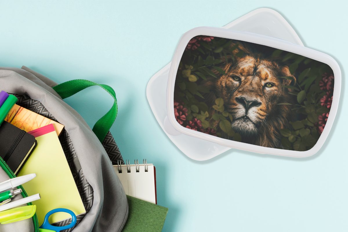 Brotbox (2-tlg), - Jungs Dschungel - Kunststoff, Erwachsene, MuchoWow für und und weiß Lunchbox Kinder für - Mädchen Löwe Brotdose, Pflanzen, Blumen
