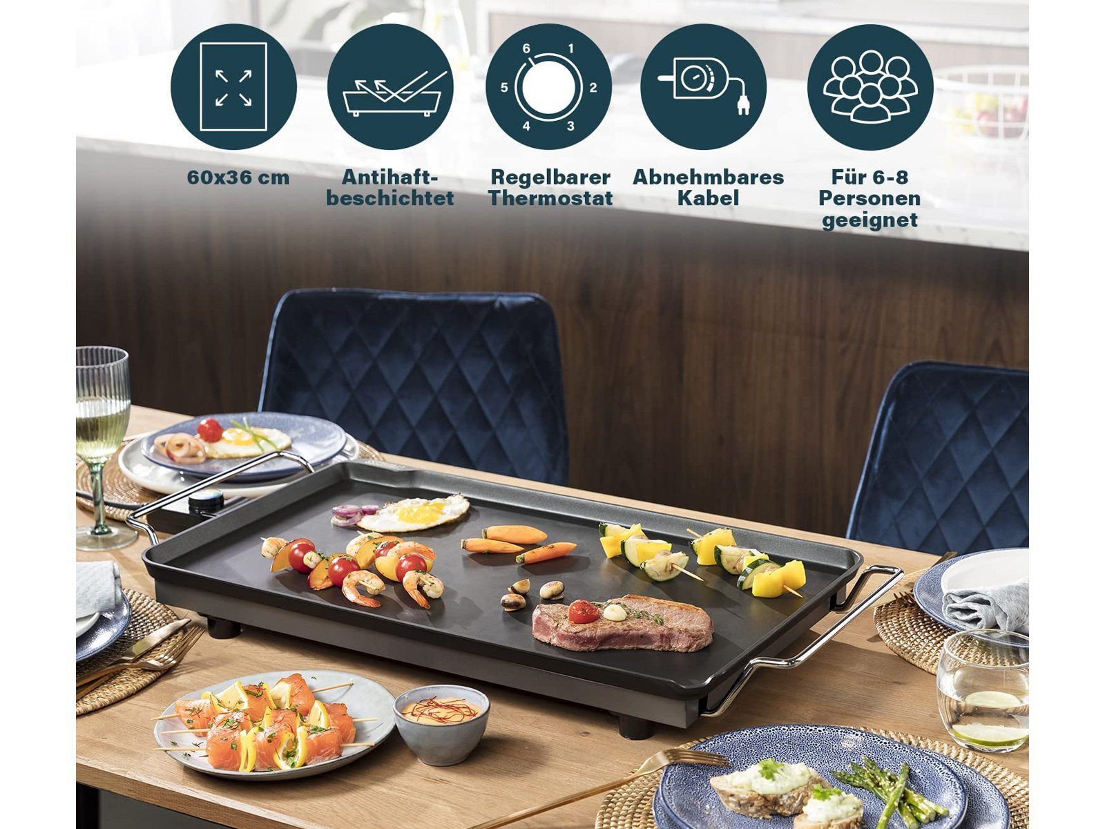 PRINCESS Teppanyakigrill, 2500 W, Japanischer Elektro Tischgrill für Zuhause low fat Grillplatte 60x36cm