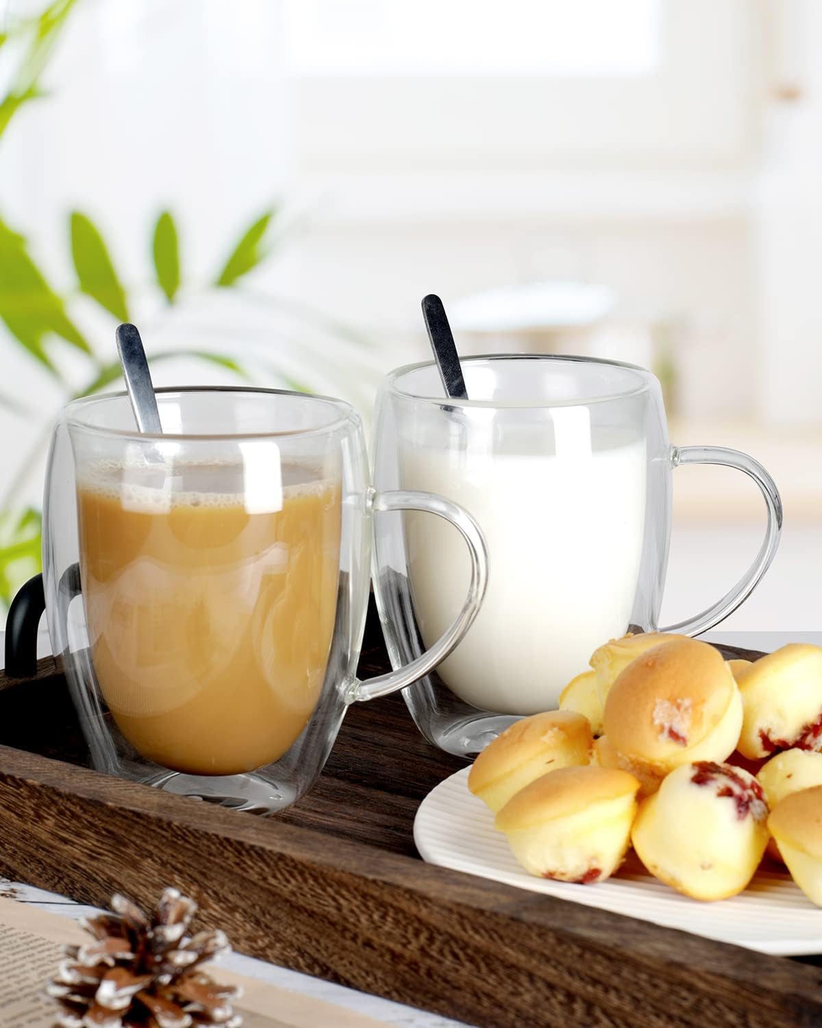 LIBWYS Thermotasse Kaffeetassen aus Glas für Tee & Cappuccino doppelwandig 2er Set 350 ml, 4-tlg., Glas, Doppelwandige Thermotassen 350 ml aus Glas mit Griff