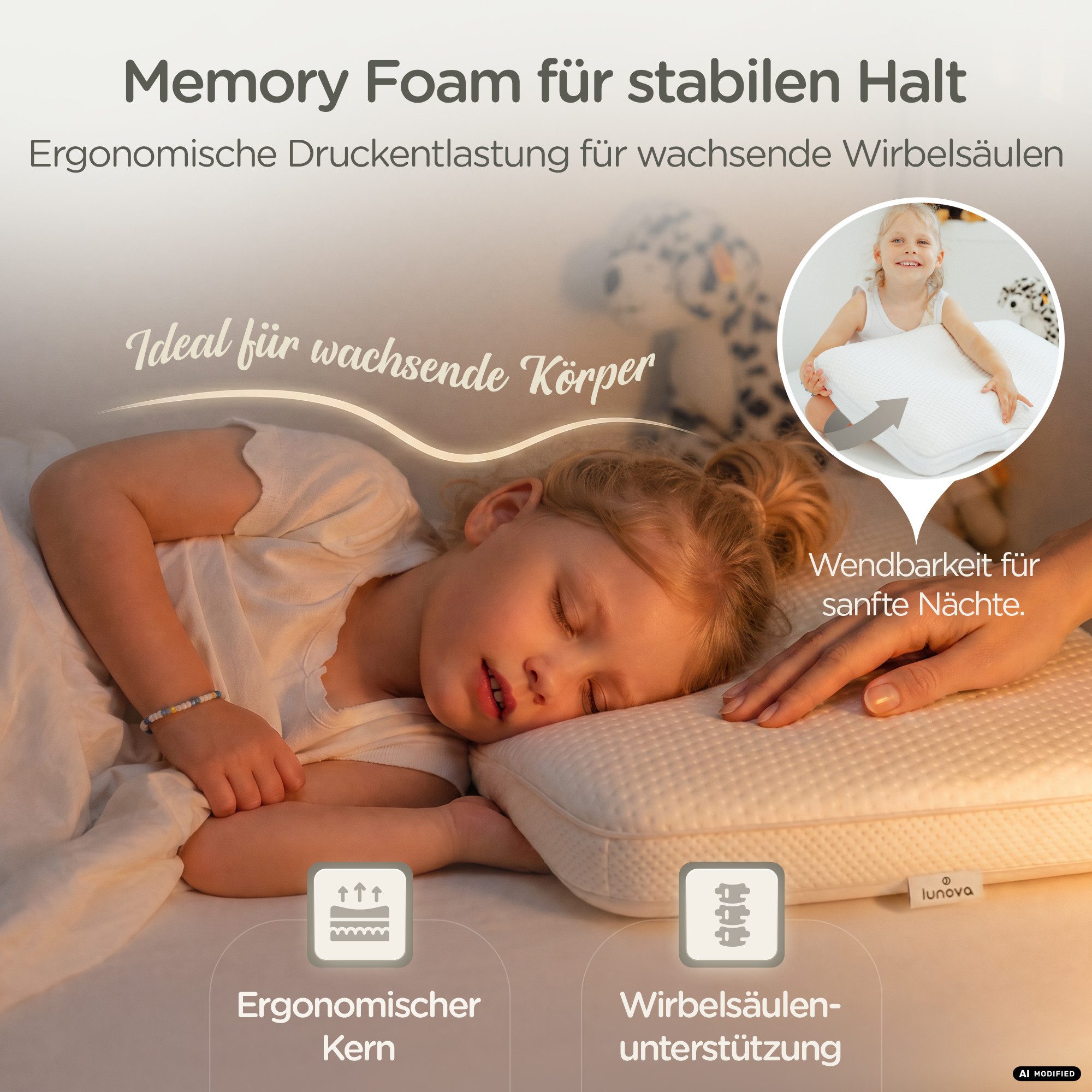 Lunova Schlafkissen DreamLayer Kinderkissen, Füllung: Memory Foam, Seitenschläfer, Rückschläfer, Höhenverstellbar, Temperaturregulierend, 2 Härtegrade – Bild 4 von 5