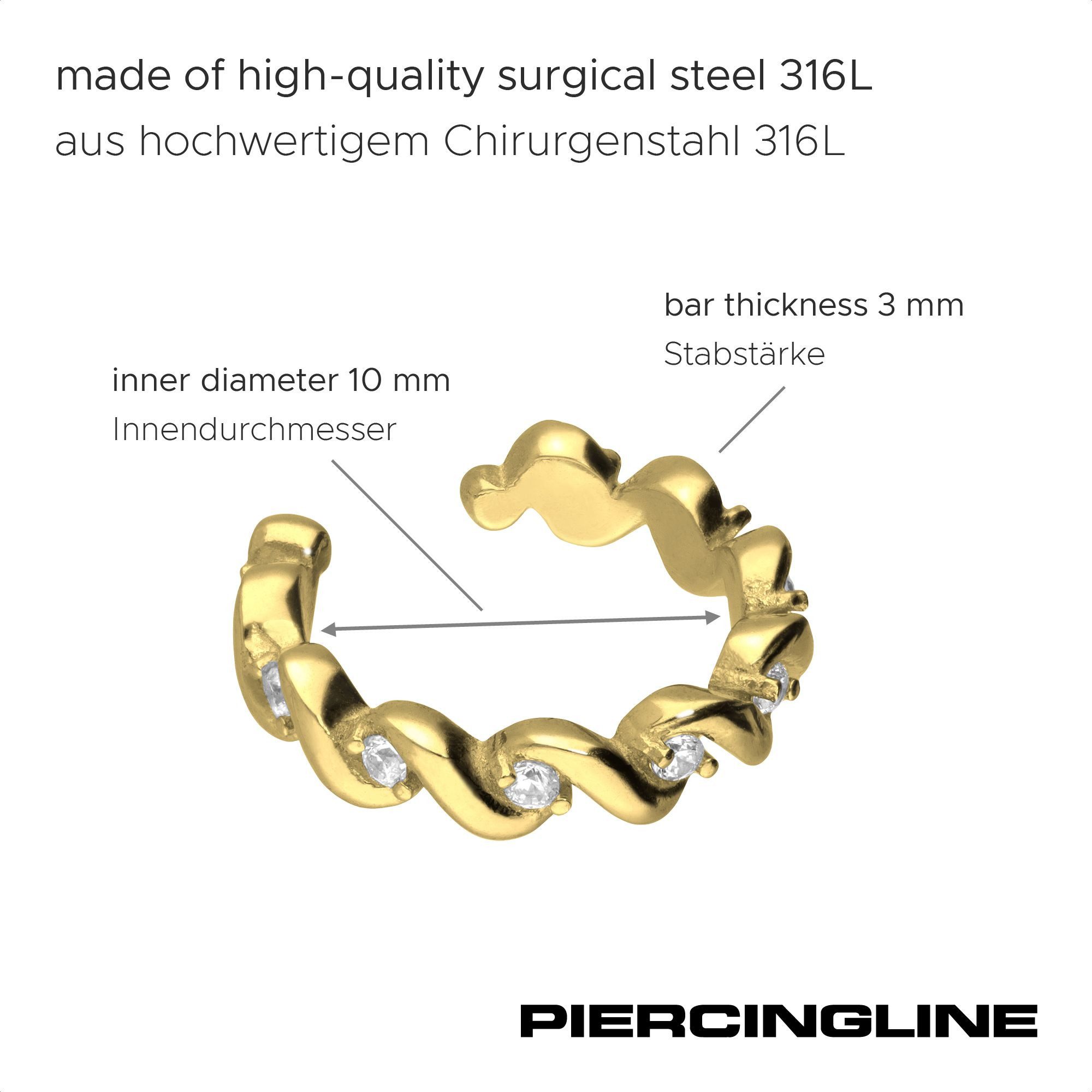 PIERCINGLINE Fake-Spirale Chirurgenstahl Fake Ohrring GEFLOCHTEN + EINGEFASSTE KRISTALLE (Fake Piercing-Ringe, 1-tlg)