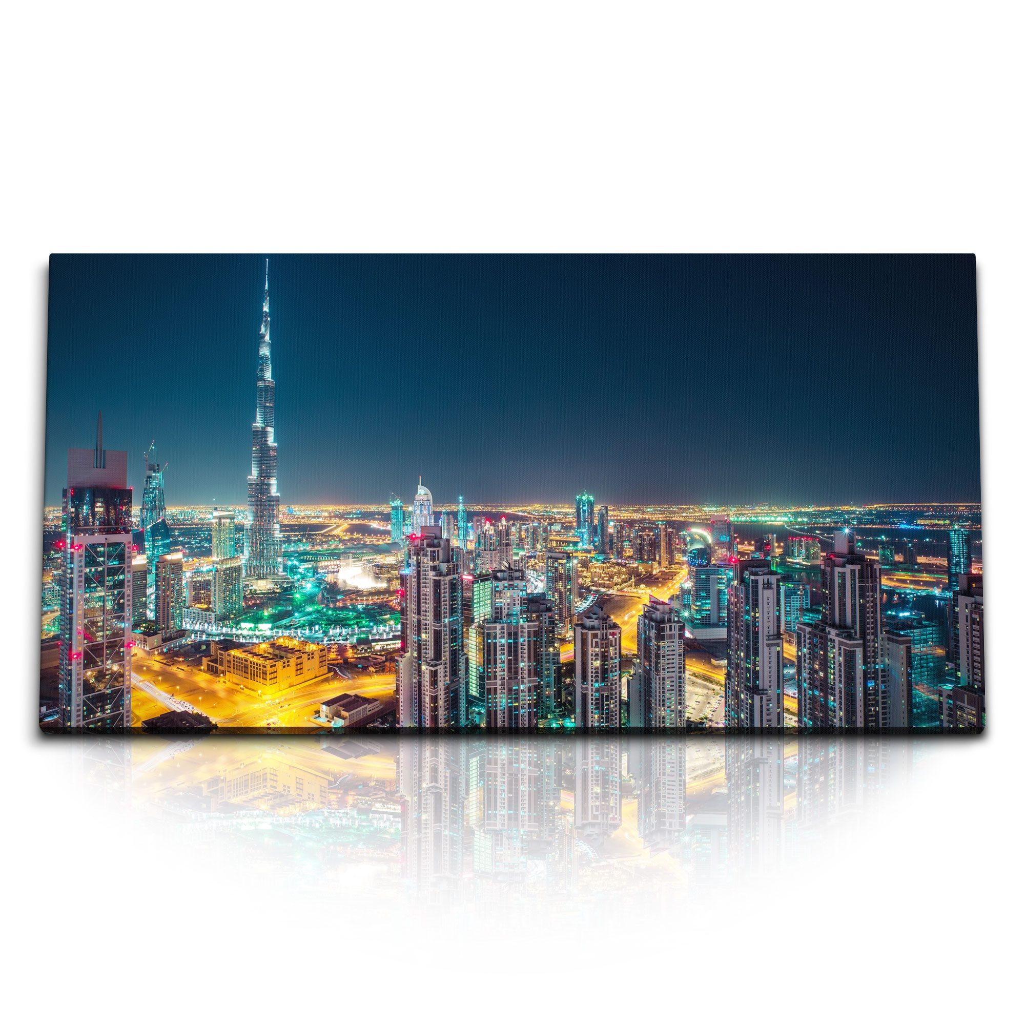 Leinwandbild Kunstdruck Bilder 120x60cm Dubai bei Nacht Stadt Hochhäuser Burj Khali