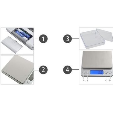 ISO TRADE Küchenwaage Küchenwaage 2 kg, (Goldwaage Präzisionswaage Digitalwaage, 4-tlg., LCD Display, Waage, wiegen, 2kg), Feinwaage Digitale