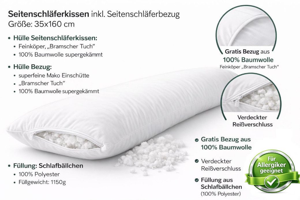 KÜNSEMÜLLER Seitenschläferkissen Seitenschläferkissen/ Schwangerschaftskissen inkl. Gratis- Bezug, Gleichmäßige Stützwirkung, erholsamer Schlaf in jeder Lebensp – Bild 2 von 2
