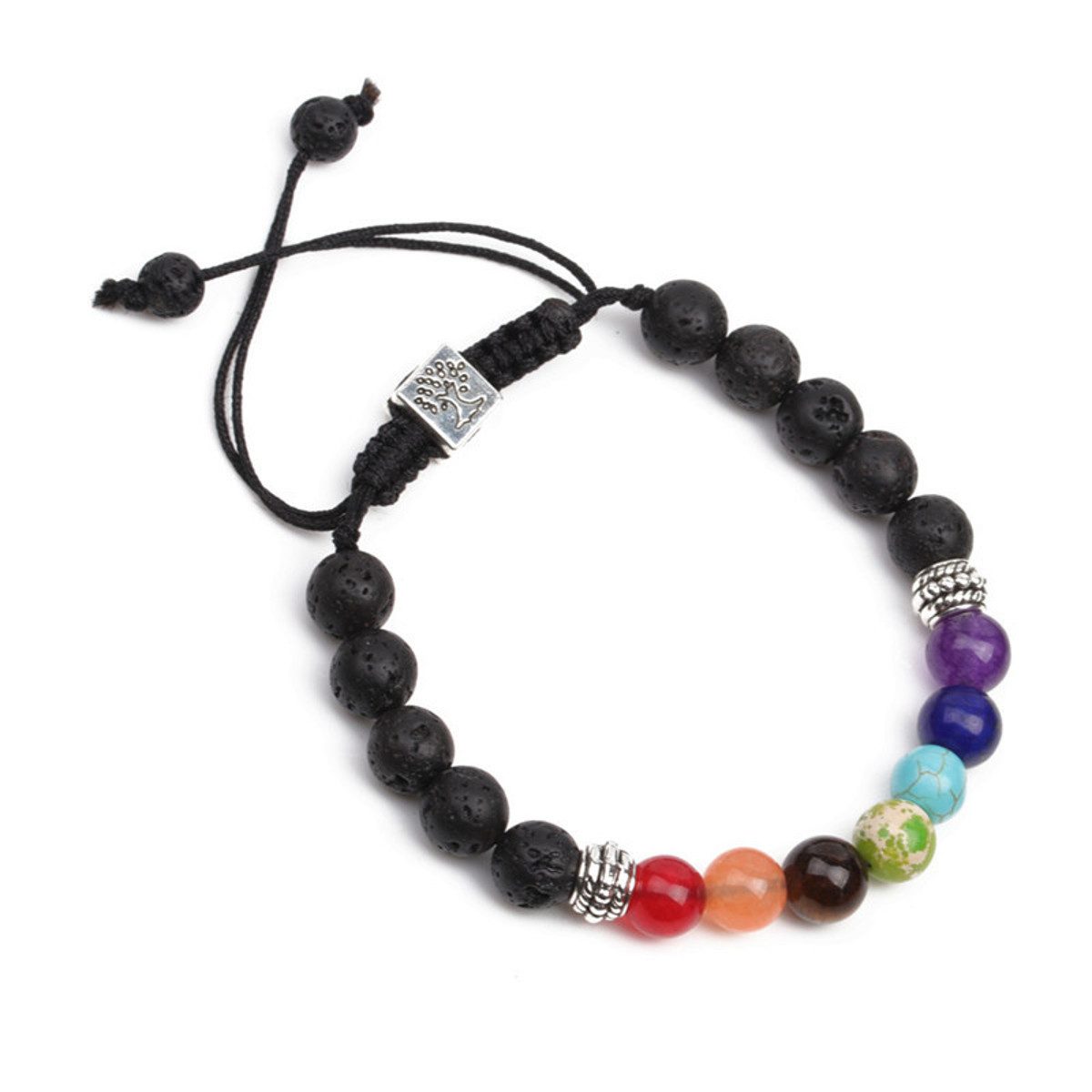 KARMA Perlenarmband Chakra Lavasteine Schwarz bunt Unisex Armband (Armschmuck, Lavasteinarmband Herrenarmband), Chakrenarmband Yoga Glückasarmband Damenarmband