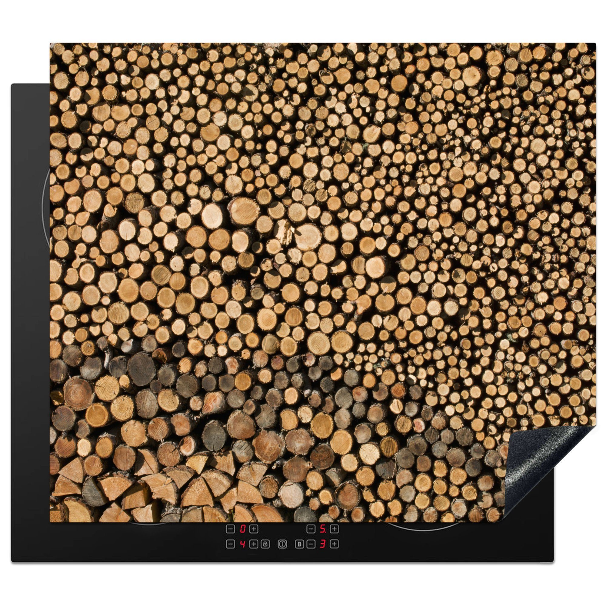 MuchoWow Herdblende-/Abdeckplatte Hunderte von Baumstämmen liegen auf und nebeneinander, Vinyl, (1 tlg), 60x52 cm, Mobile Arbeitsfläche nutzbar, Ceranfeldabdeckung