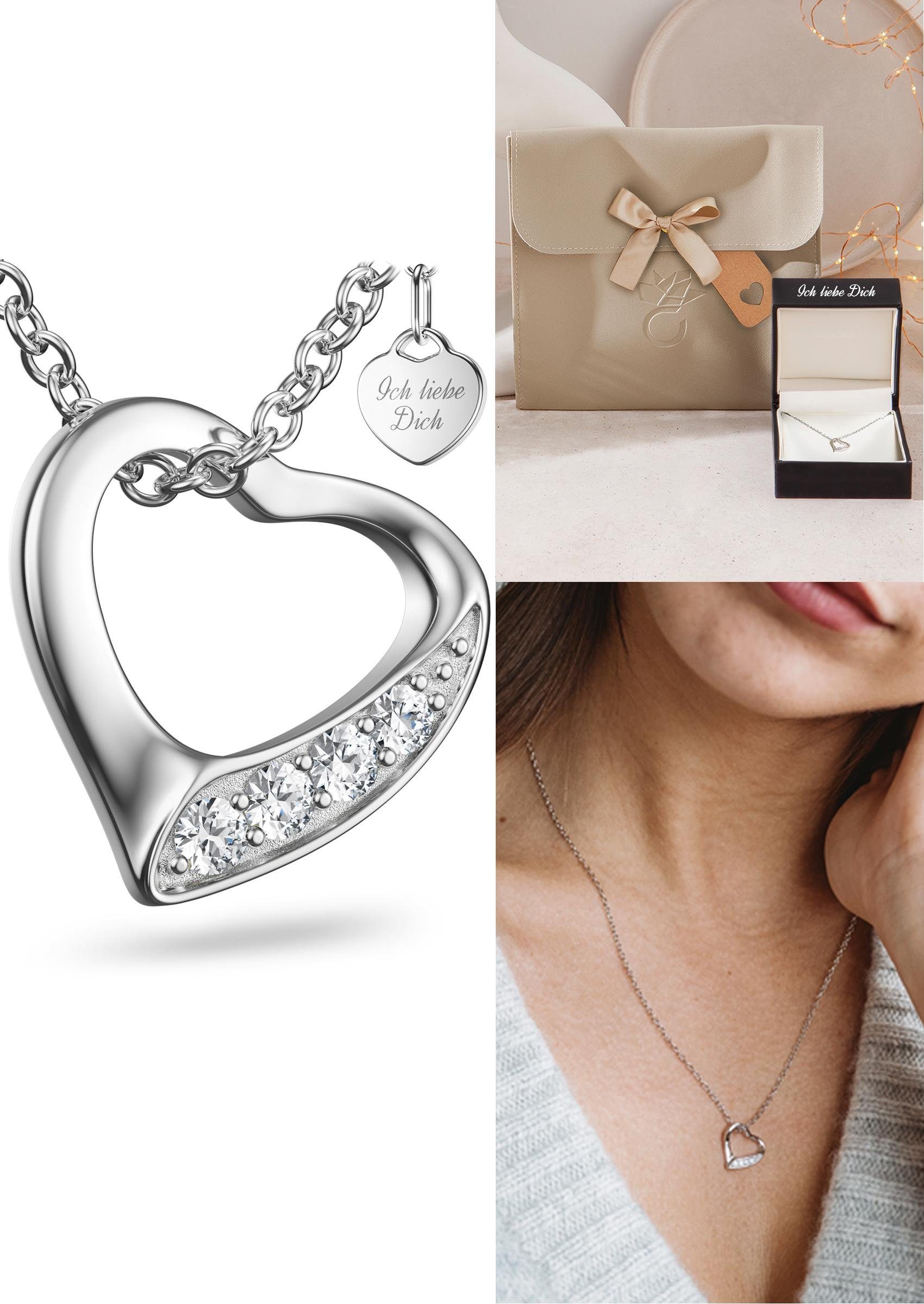 Amoonic Herzkette Herzkette Halskette Damen Silber 925, Frauen Kette mit Anhänger Herzanhänger, Echte Herz Silberkette mit Zirkonia, Geschenk Freundin + Gravur *Ich liebe dich*, Silber-Schmuck Valentinstag (individuell anpassbare Halskettenlänge)