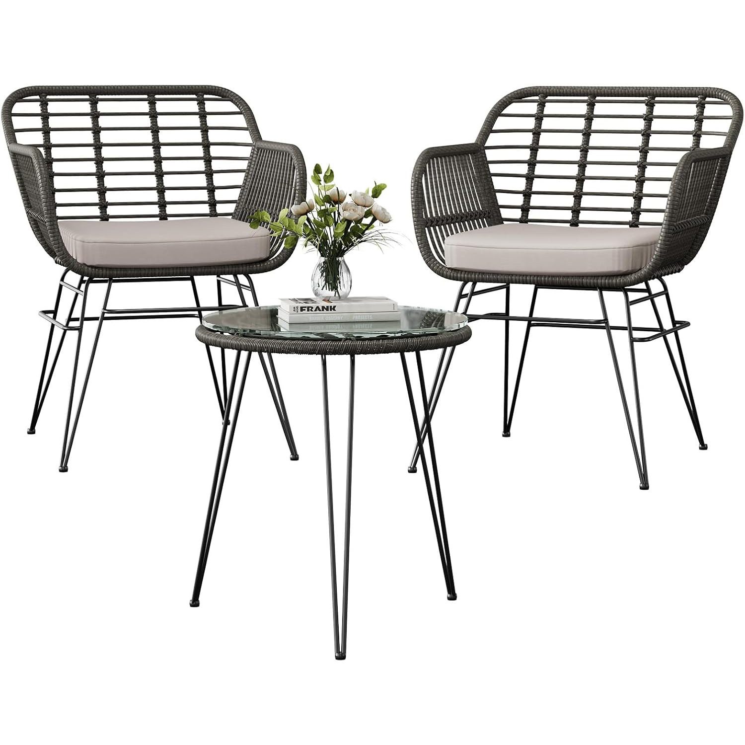 GarveeMore Balkonset Für 2 Personen,3-TLG Outdoor Rattan Sitzgruppe,Gartenmöbel, Rattan, Metall, wasserabw., 2 Sessel + Glas, für Balkon & Garten